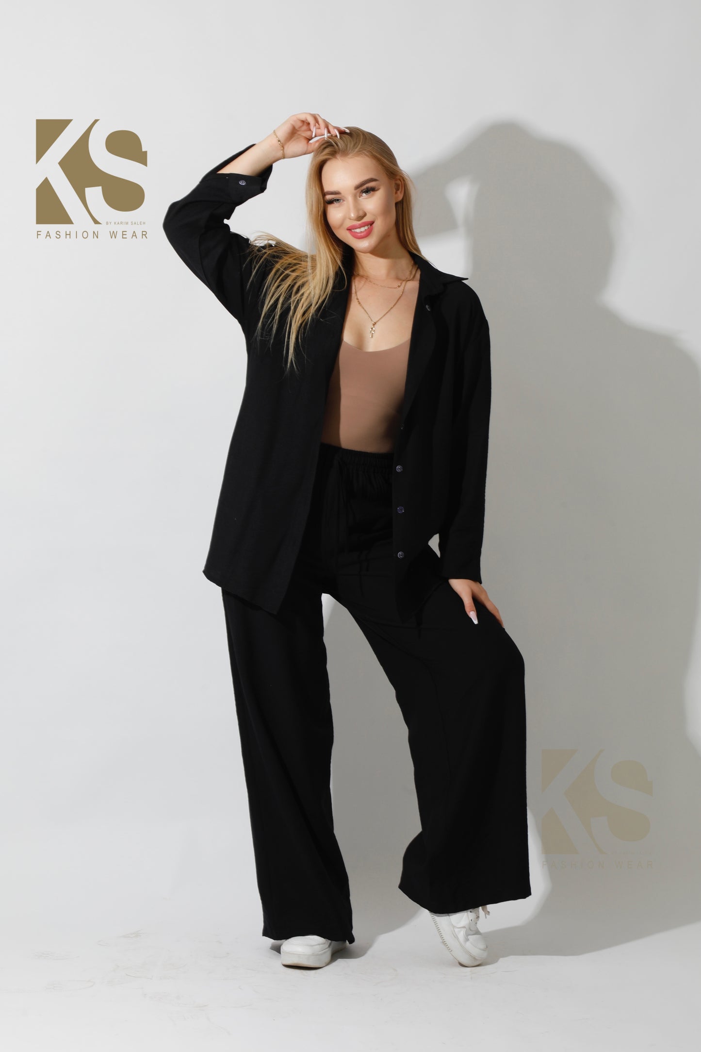Long Shirt & Wide Leg Trousers Set - Black