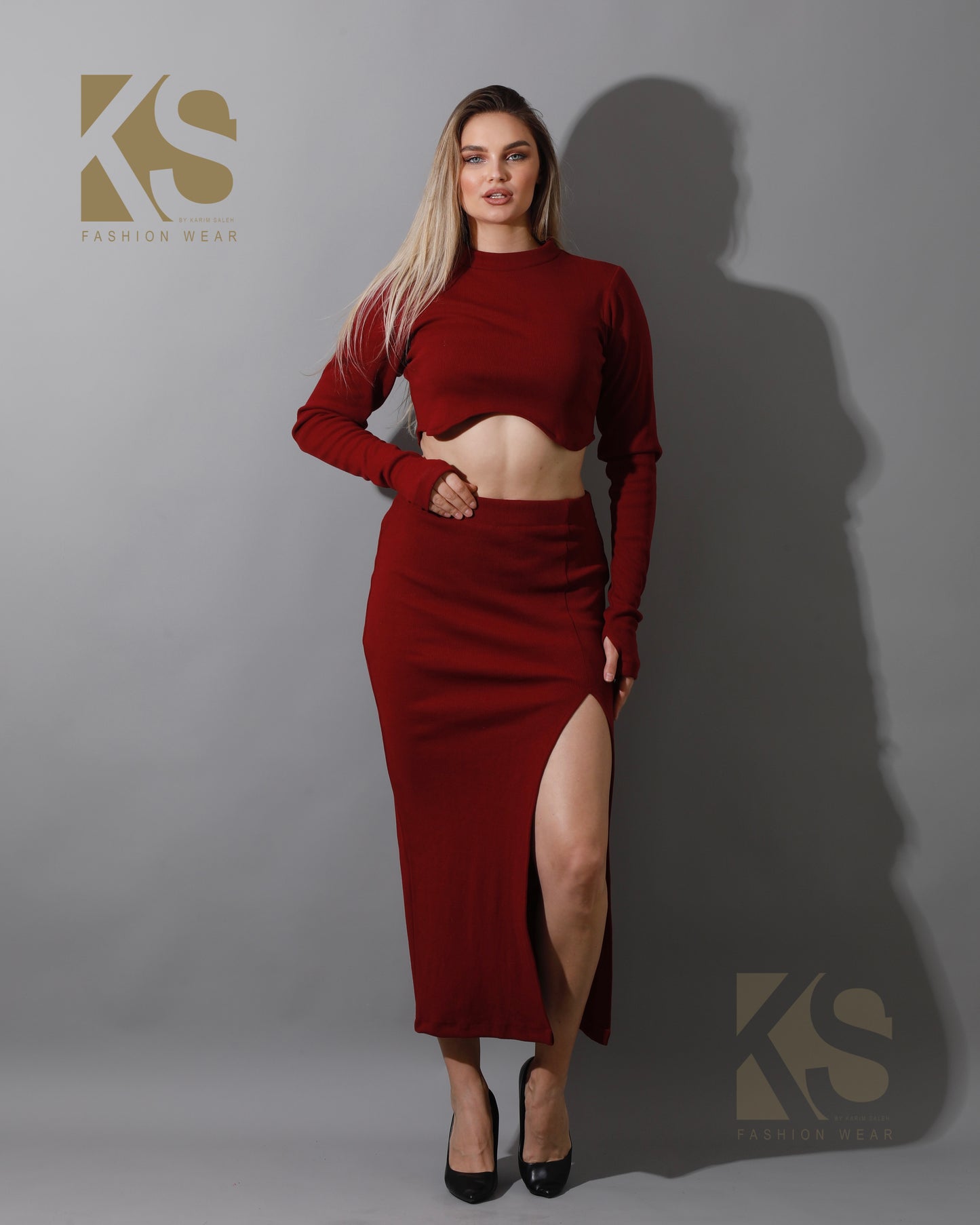 Co-ord Crop Top & Midi Skirt Rib Set - Maroon