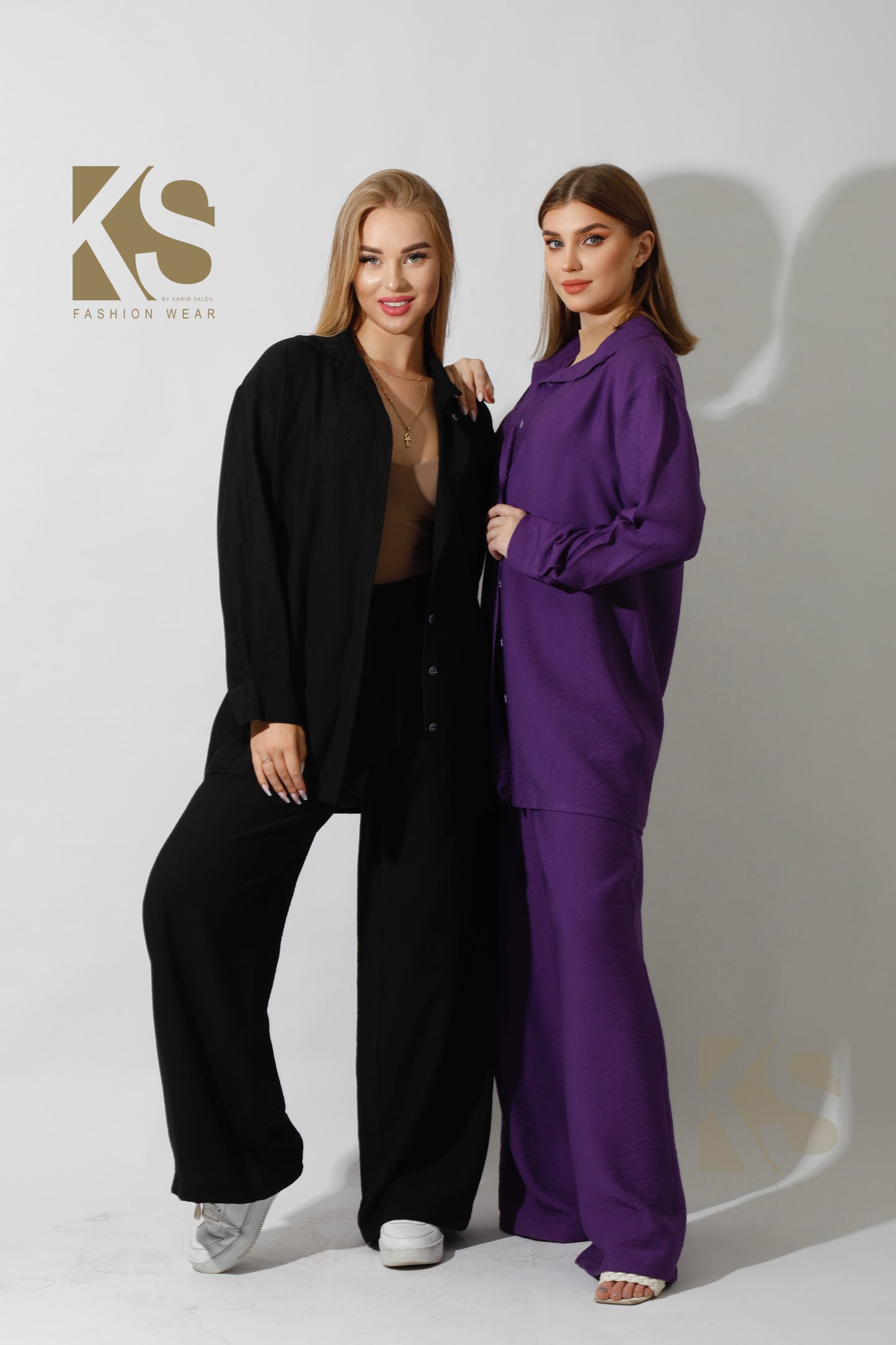 Long Shirt & Wide Leg Trousers Set - Purple