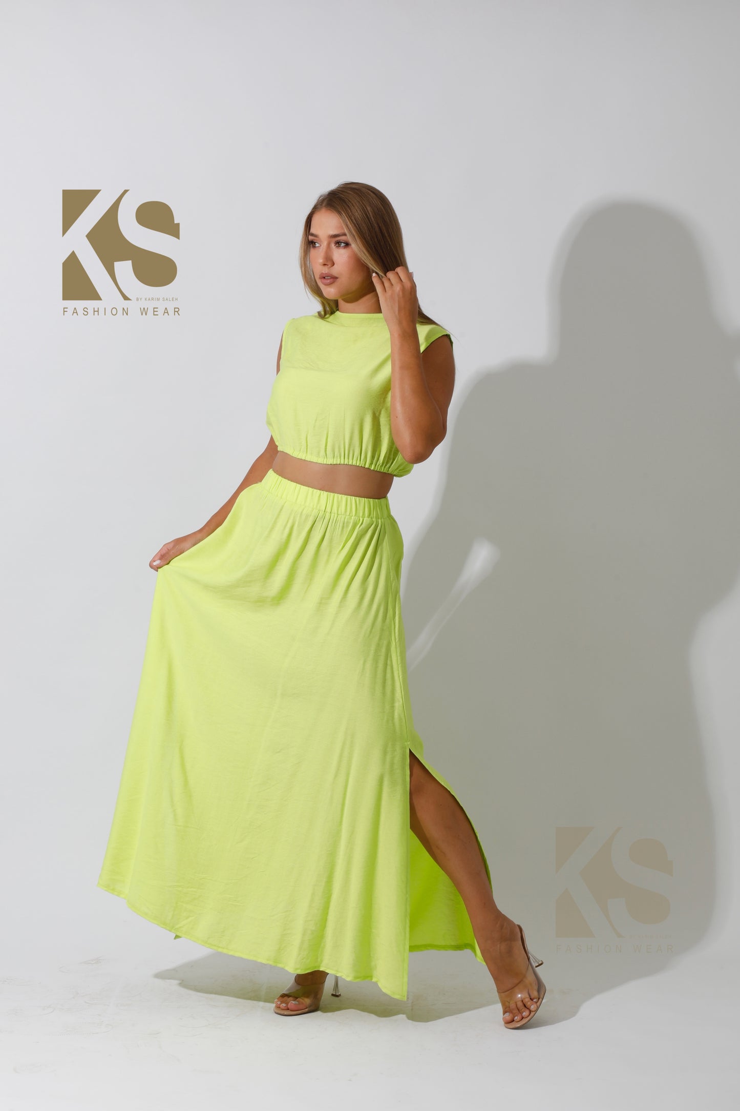 Co-Ord Crop Top & Maxi Side Slite Skirt - Lime Green