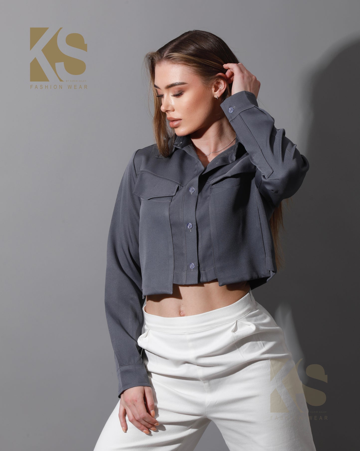 Pockets Cropped Shirt - Gray