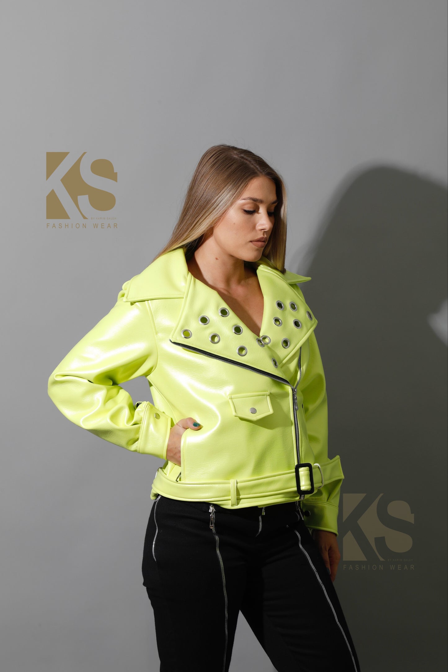 Textured Leather Biker Jacket - Lime Green