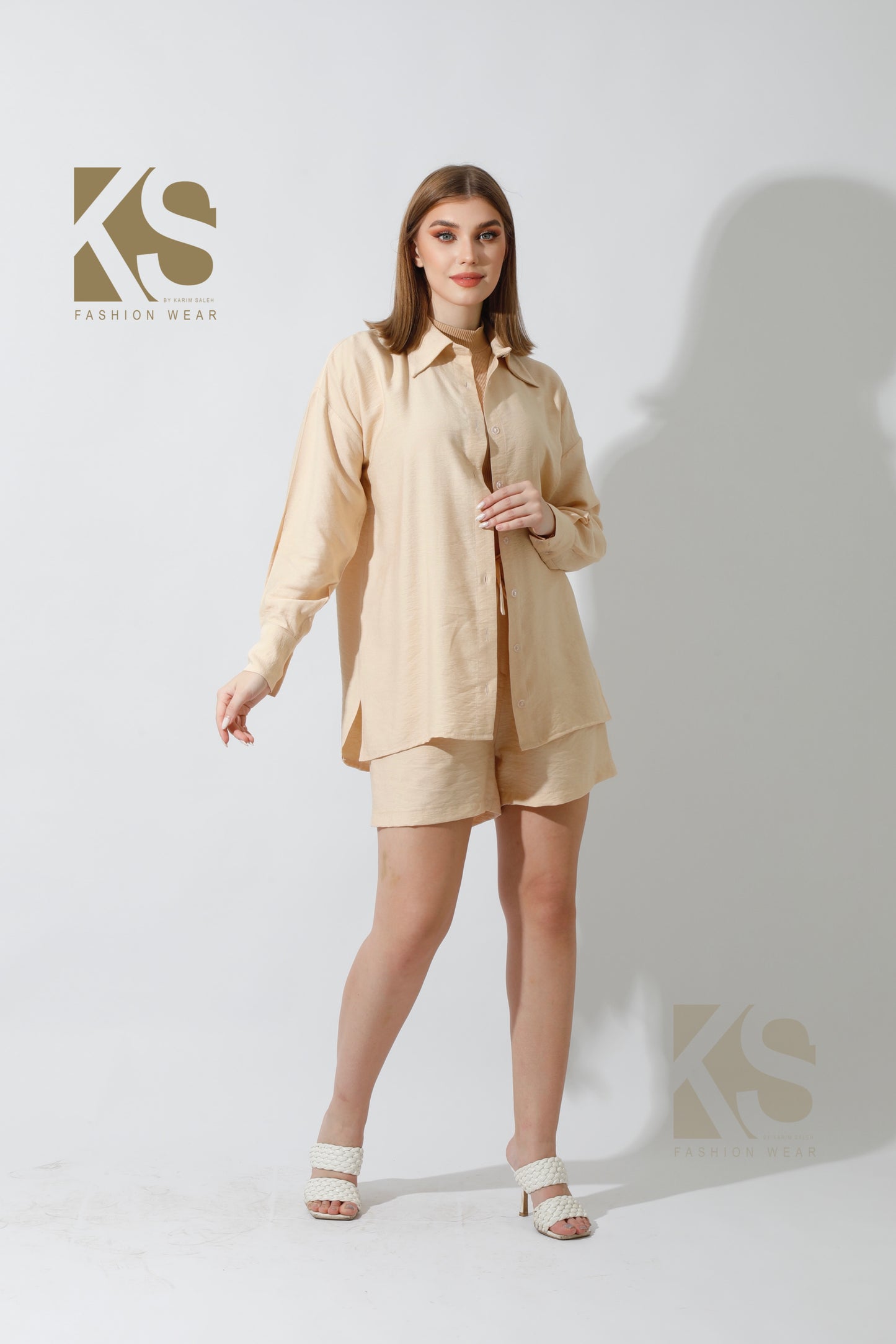 Lose Fit Shirt & Shorts Set - Beige