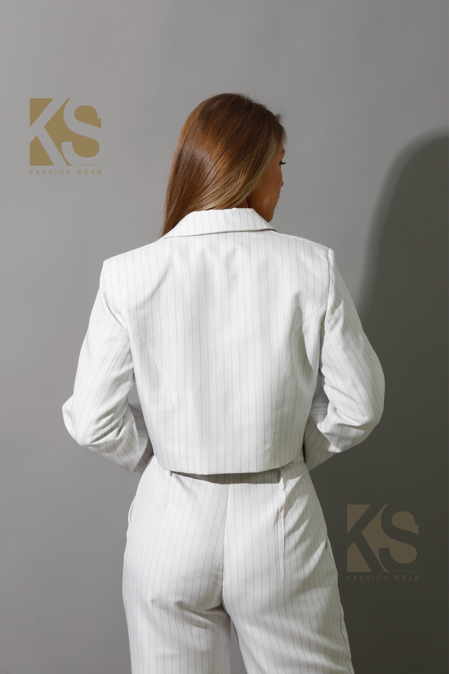 Striped Cropped Blazer, Bra Top & Paper-bag Pants Co-Ord - White