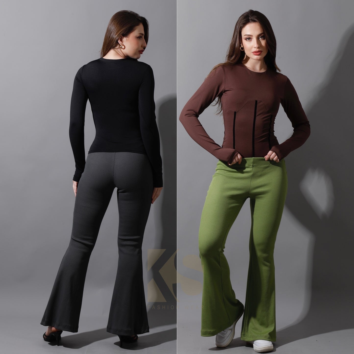 Slinky Flared Trousers - Kiwi Green