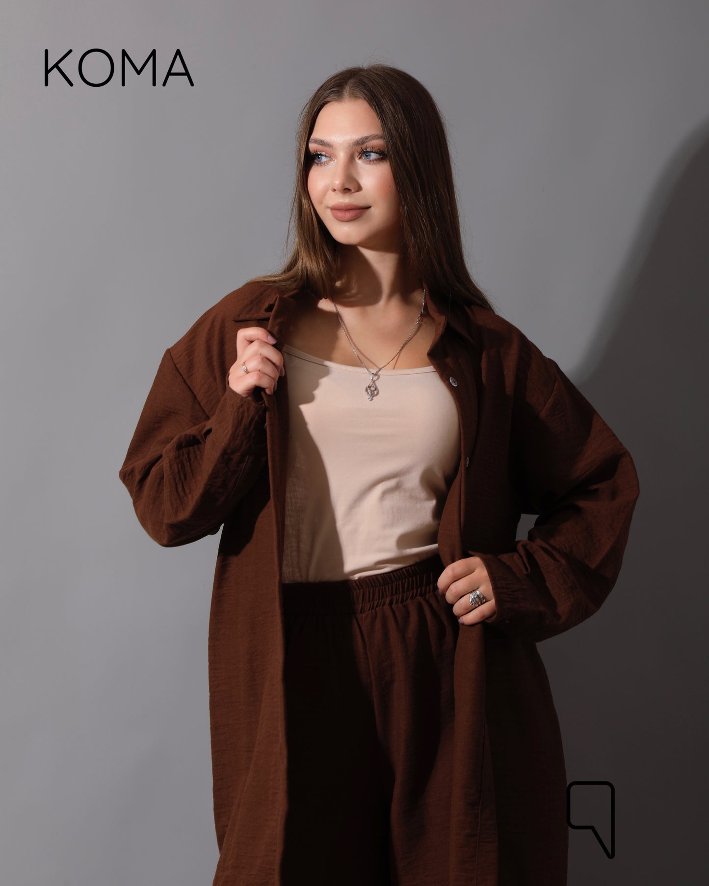 Co-Ord Lenin Long Sleeve Shirt & Wide Leg Trousers - Brown