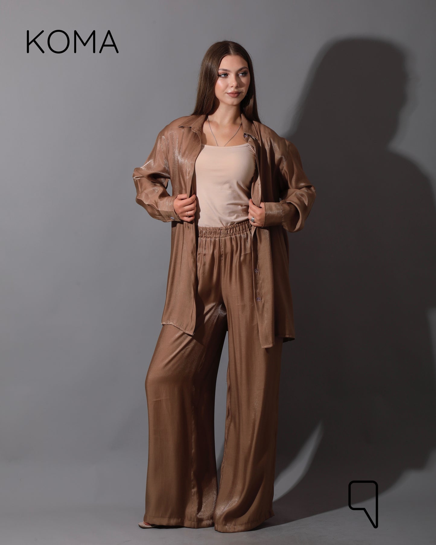Shemer Long Shirt & Wide Leg Trousers Set - Camel