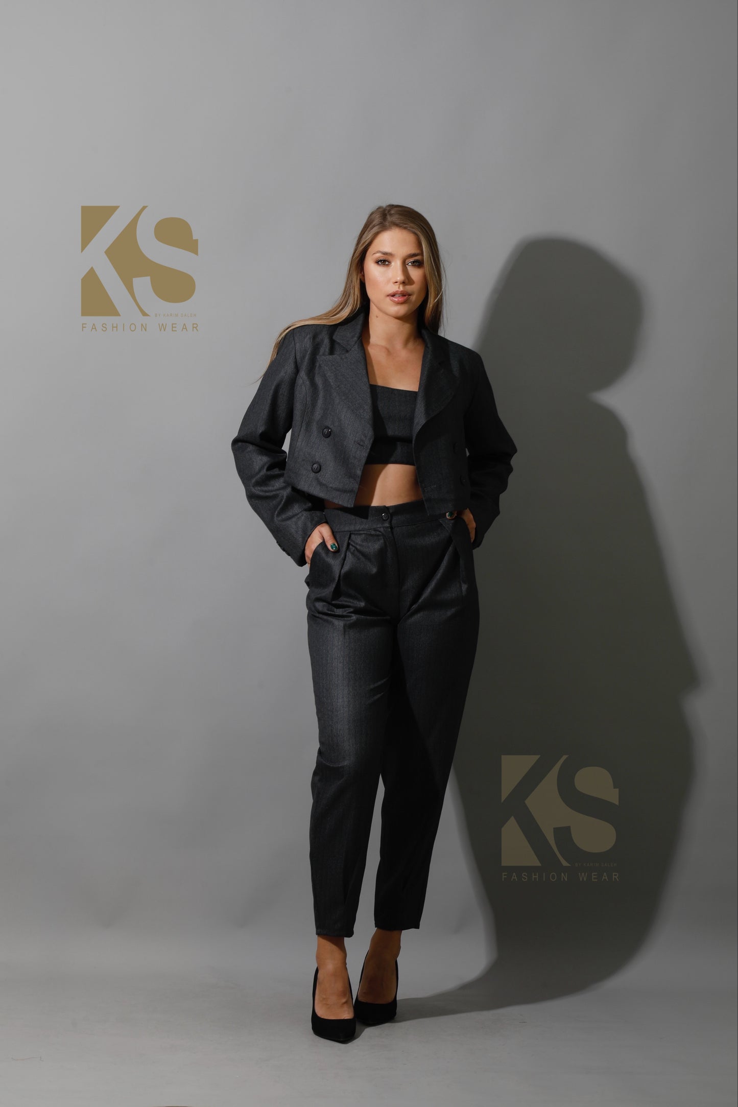 Striped Cropped Blazer, Bra Top & Paper-bag Pants Co-Ord - Gary
