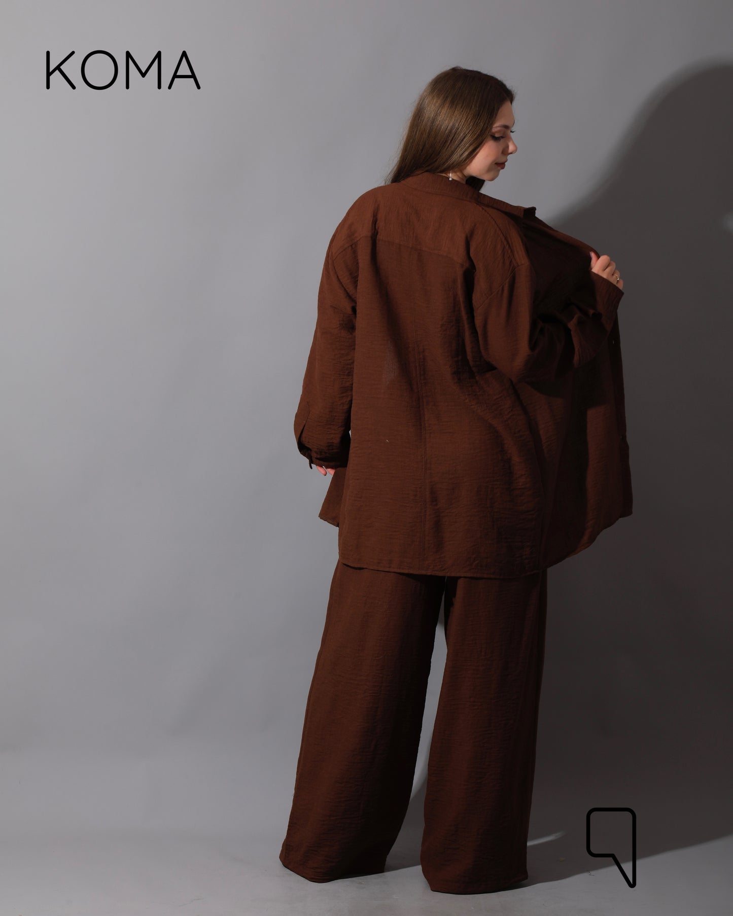 Co-Ord Lenin Long Sleeve Shirt & Wide Leg Trousers - Brown