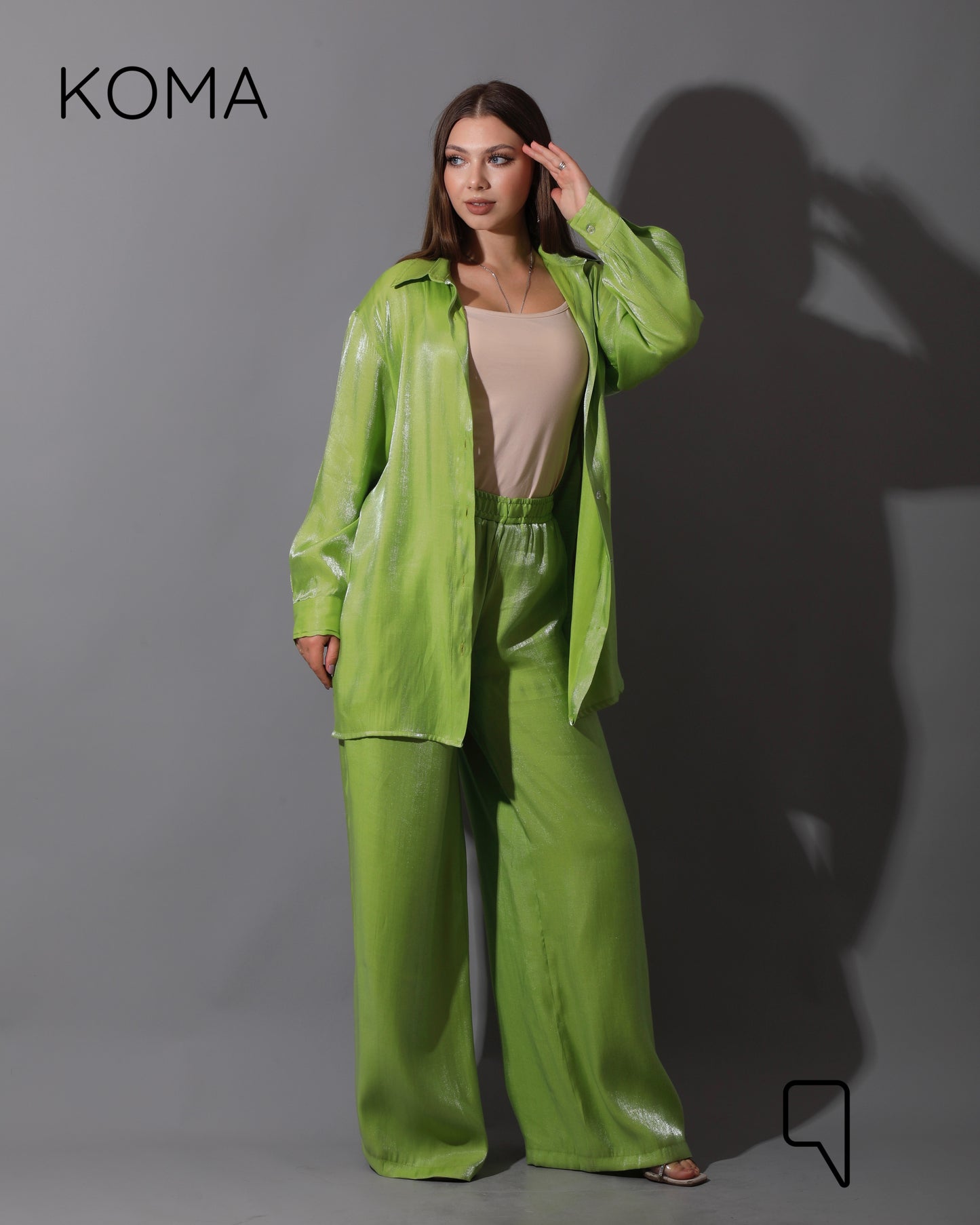 Shemer Long Shirt & Wide Leg Trousers Set - Lime Green