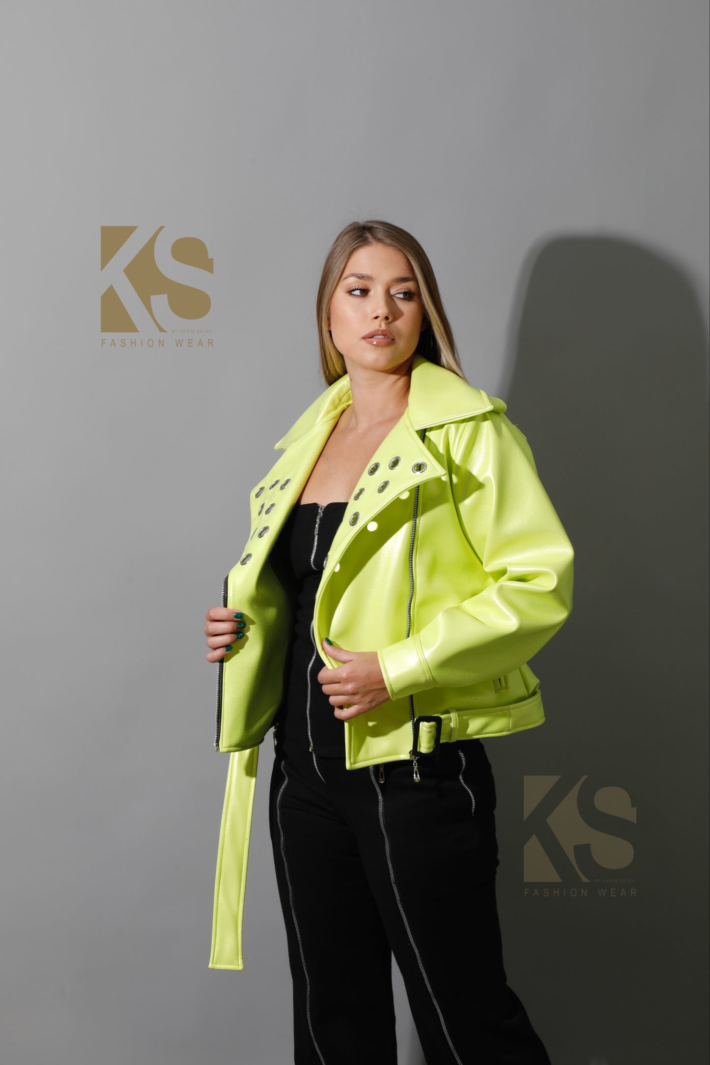 Textured Leather Biker Jacket - Lime Green