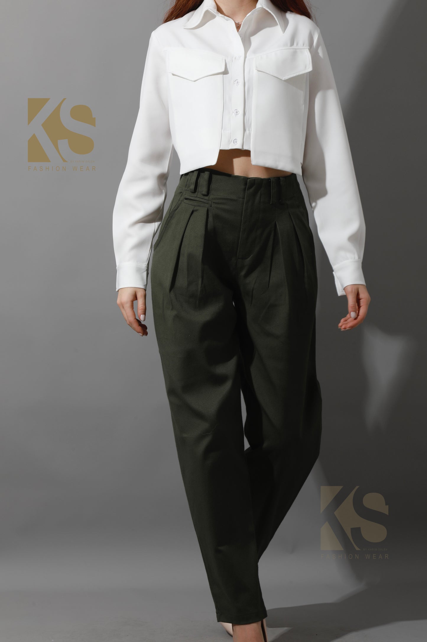 High Rise Paper-Bag Pants - Olive