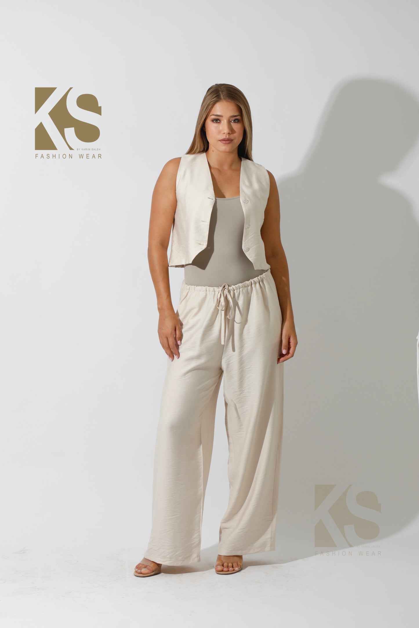 Vest & Lose Tied Pants Set - Beige