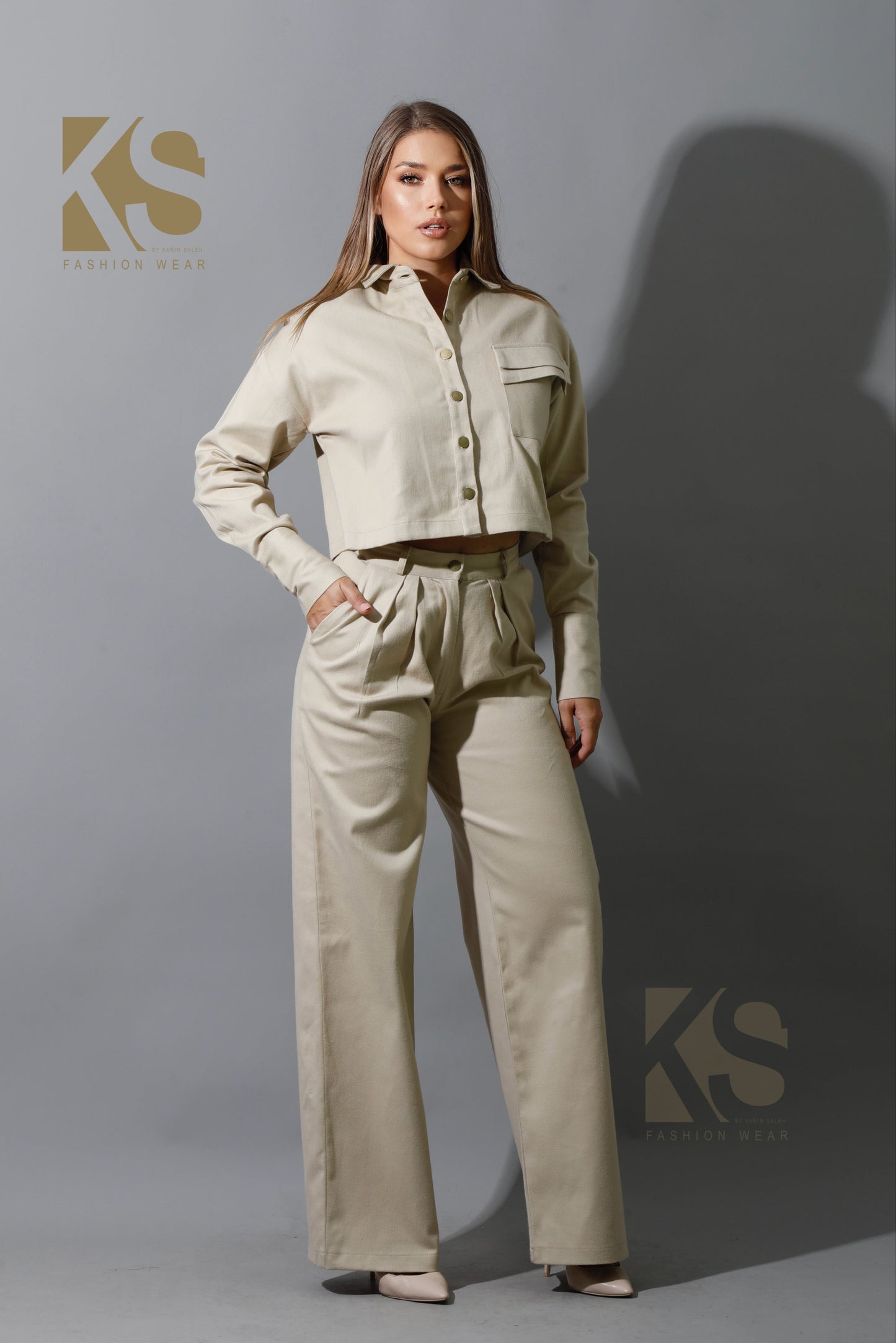 Co-ord Pleated Wide Leg Pants - Beige
