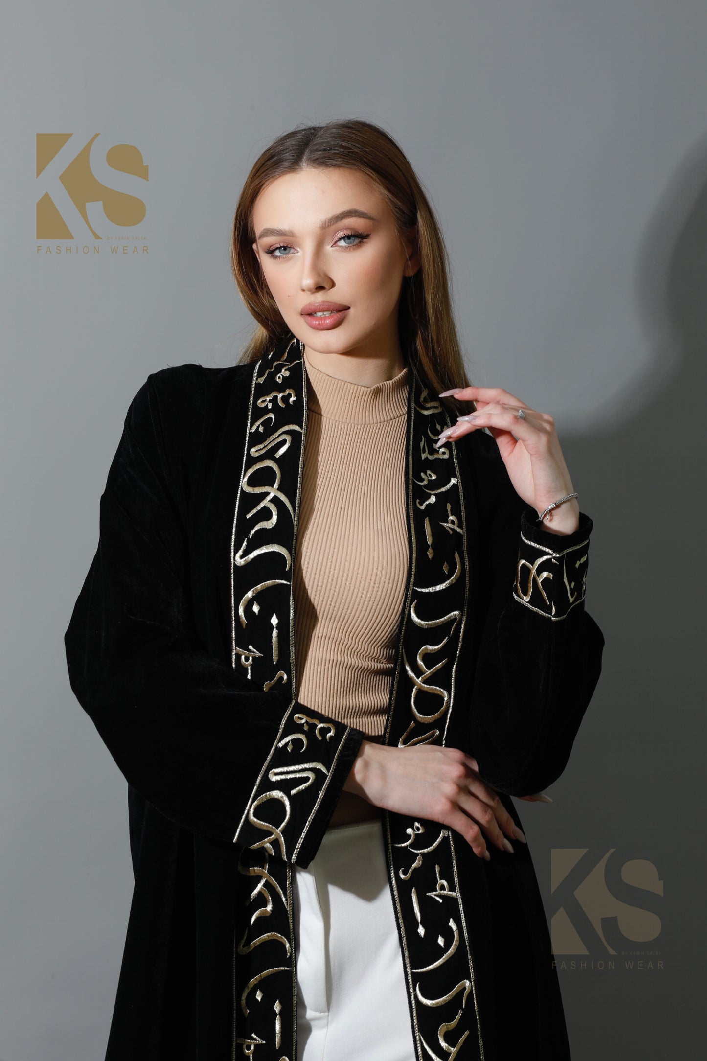 Arabic Letter Long Kaftan - Black & Gold