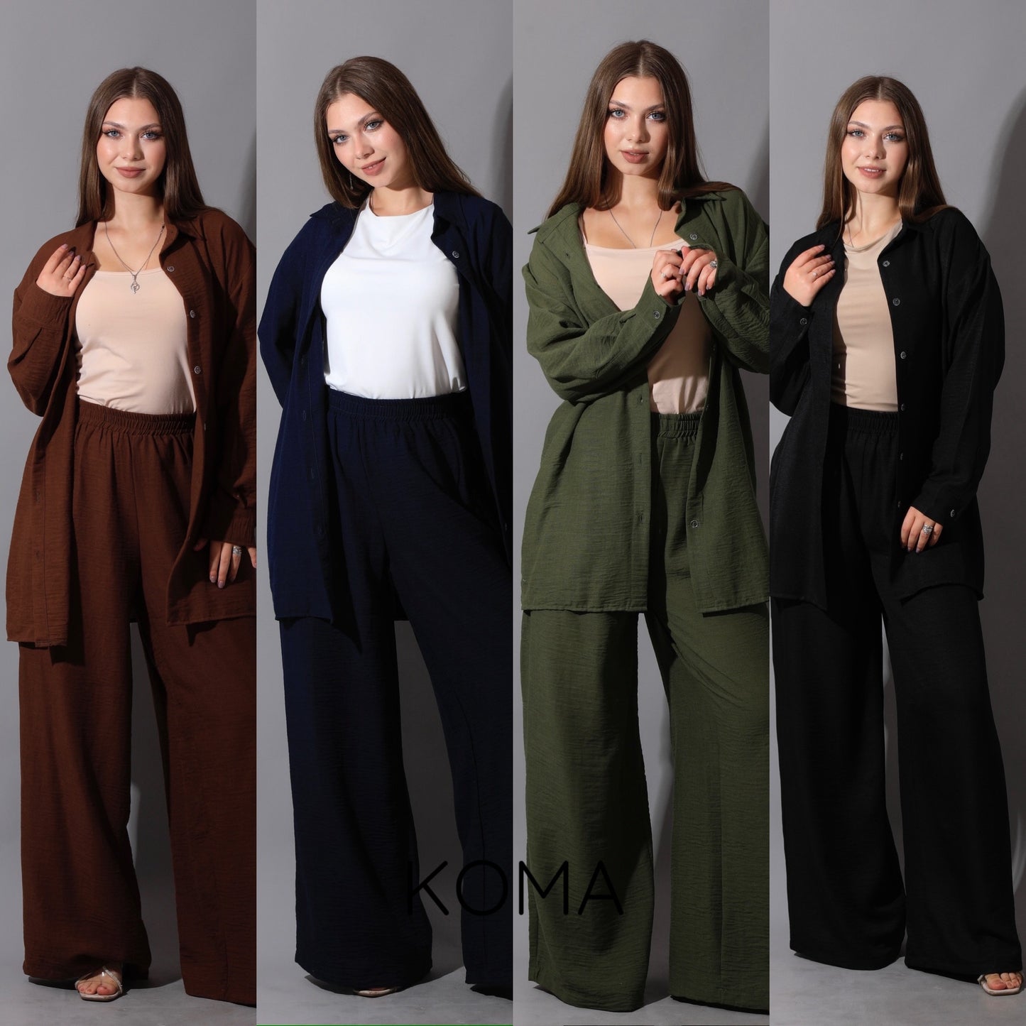 Co-Ord Lenin Long Sleeve Shirt & Wide Leg Trousers - Navy