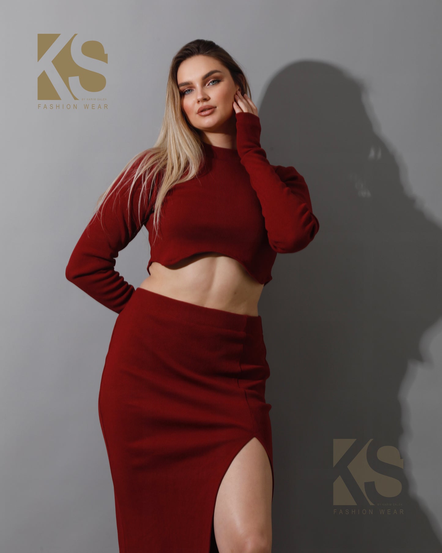Co-ord Crop Top & Midi Skirt Rib Set - Maroon