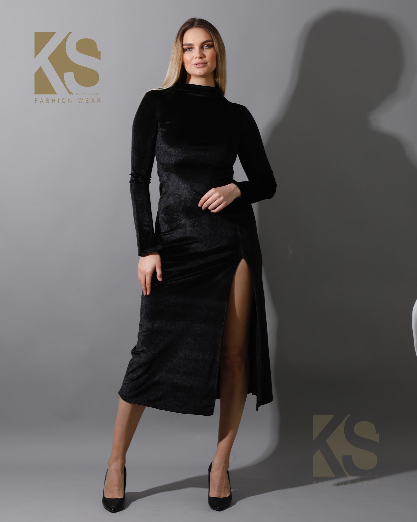 Front Slit Midi Dress - Black