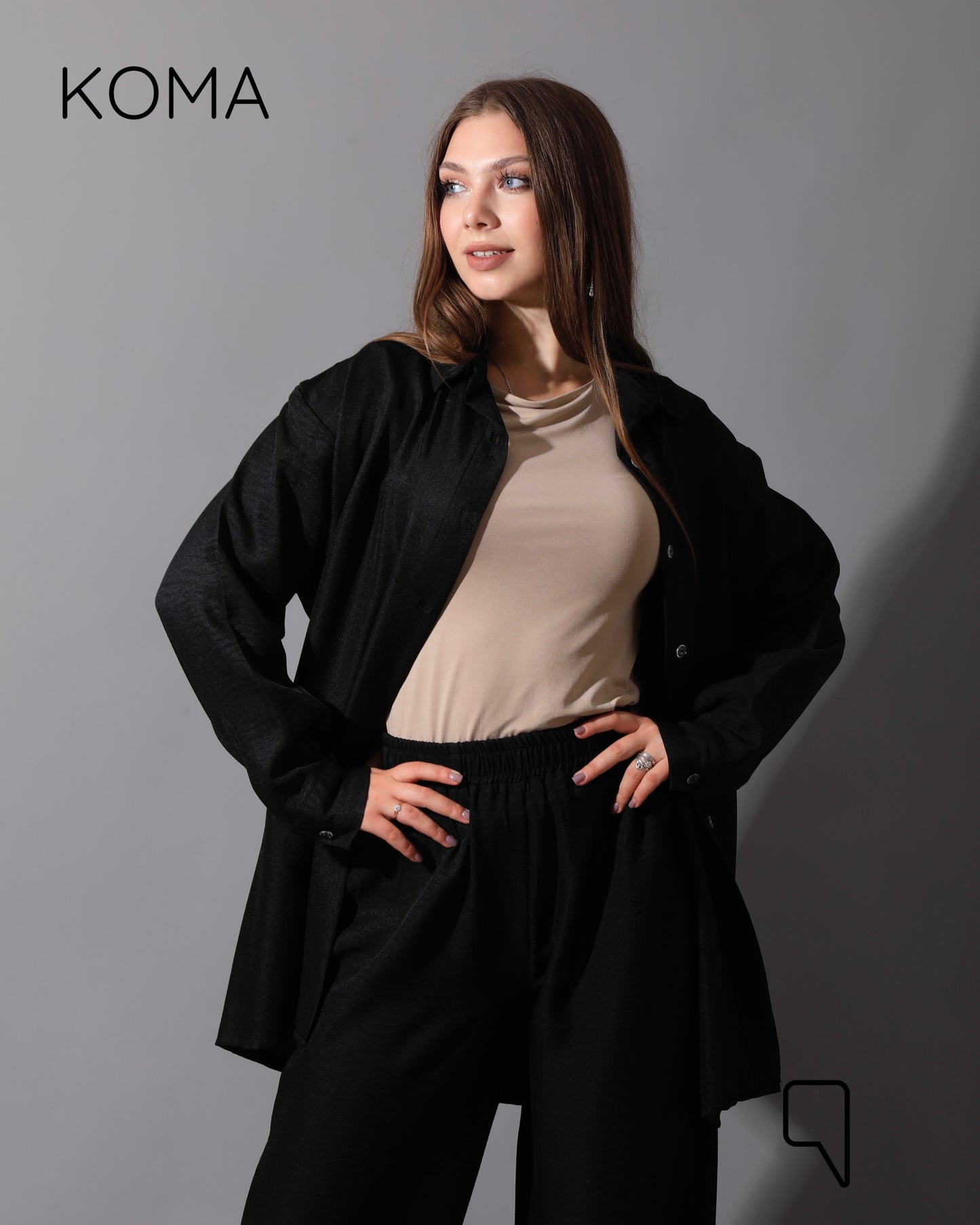 Co-Ord Lenin Long Sleeve Shirt & Wide Leg Trousers - Black