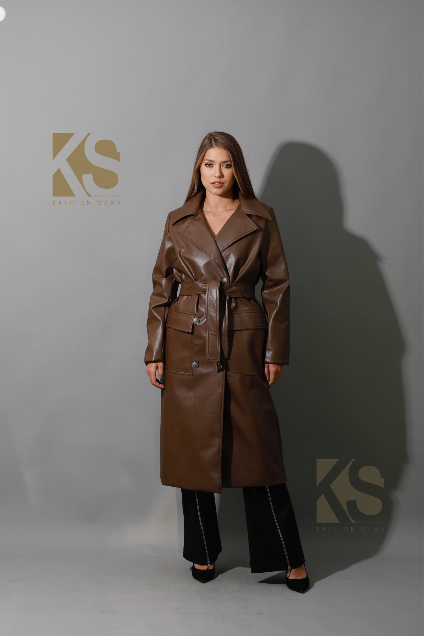 Textured Leather Coat - Brown