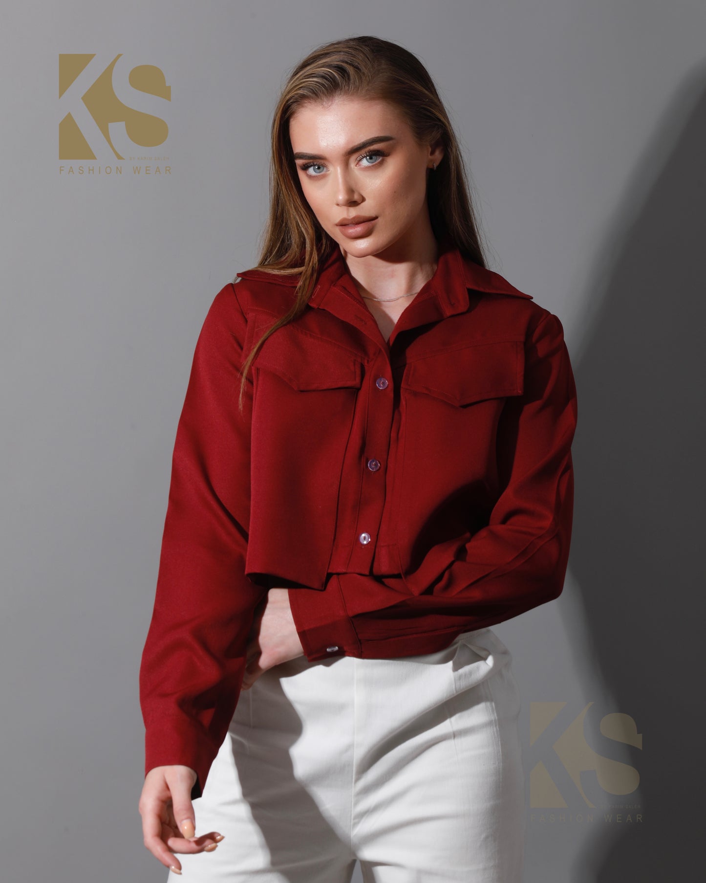 Pockets Cropped Shirt - Maroon