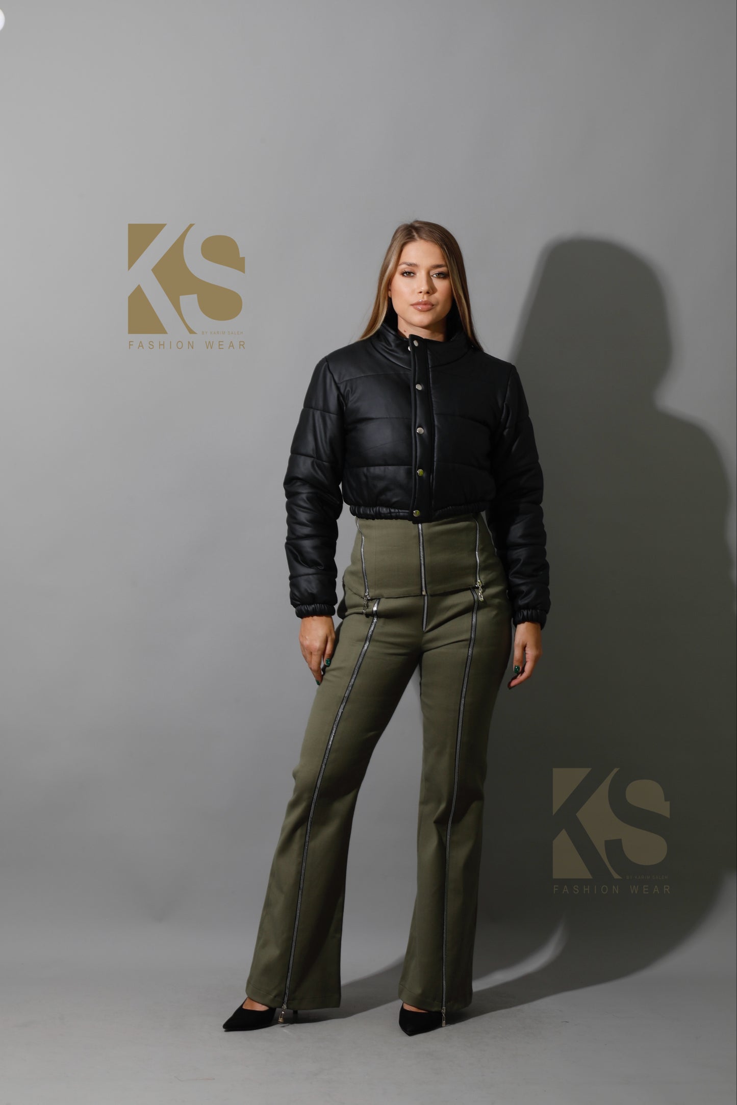 Leather Puffer Cropped Jacket - Black