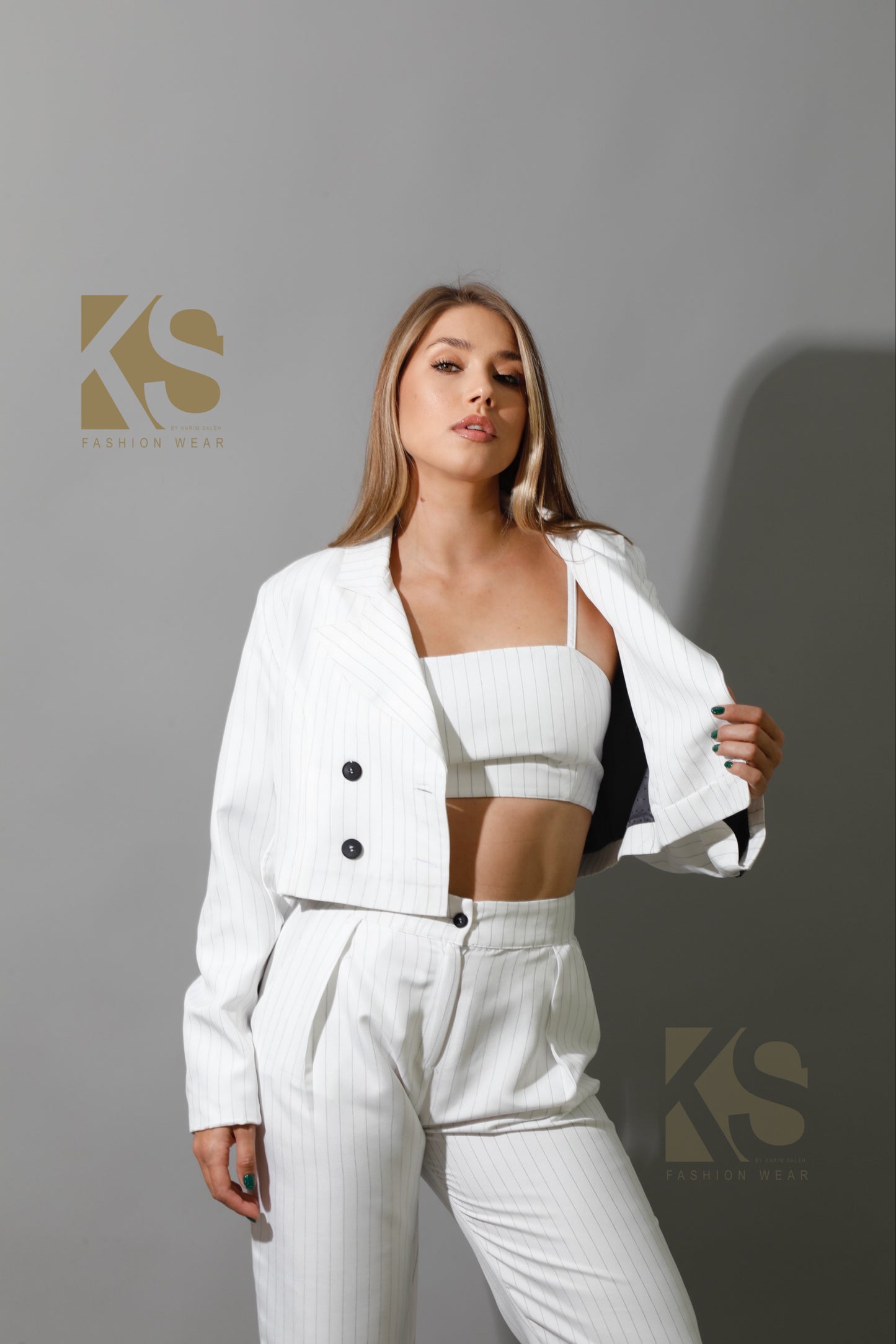 Striped Cropped Blazer Co-Ord - White