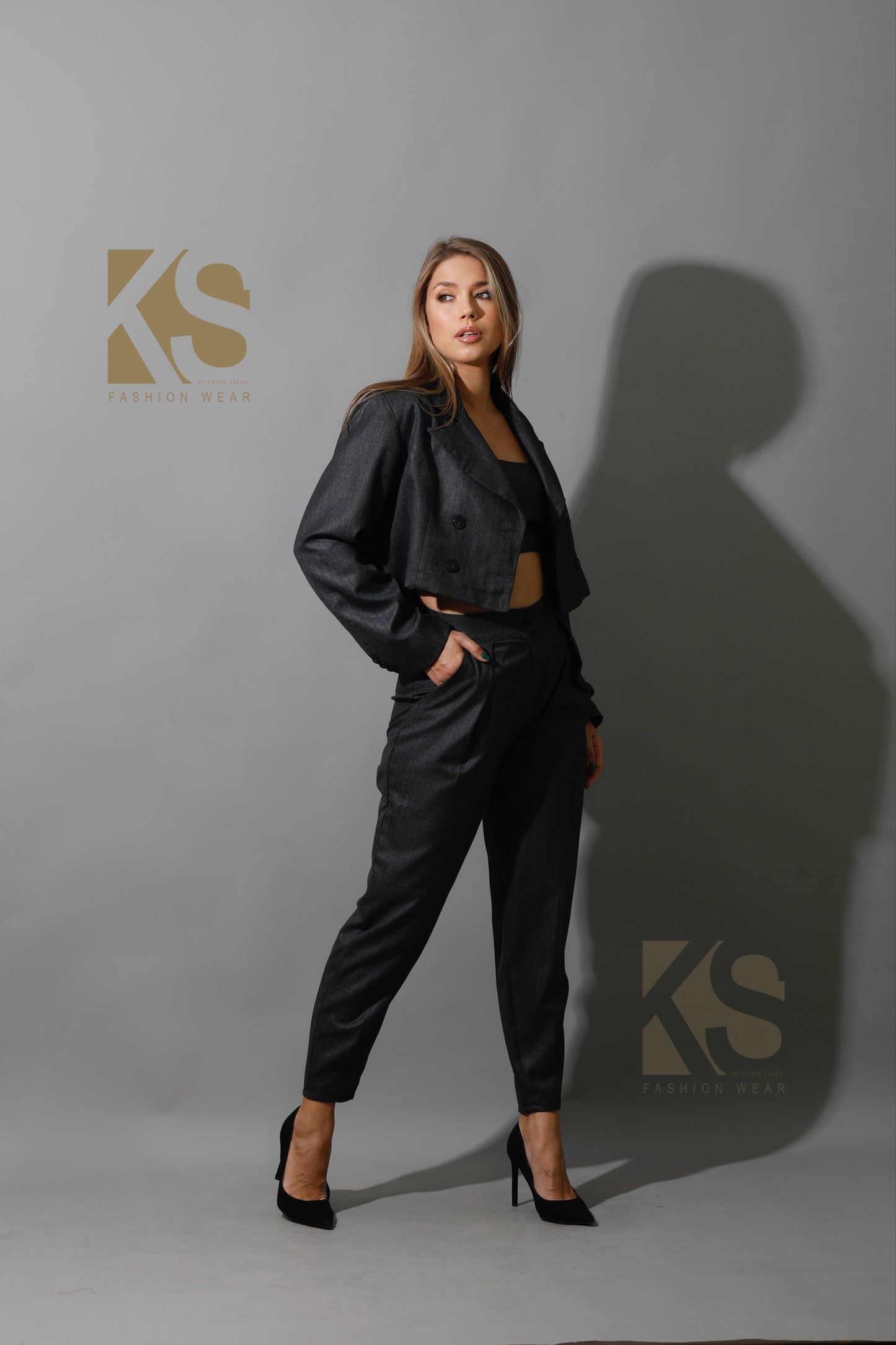 Striped Cropped Blazer, Bra Top & Paper-bag Pants Co-Ord - Gary
