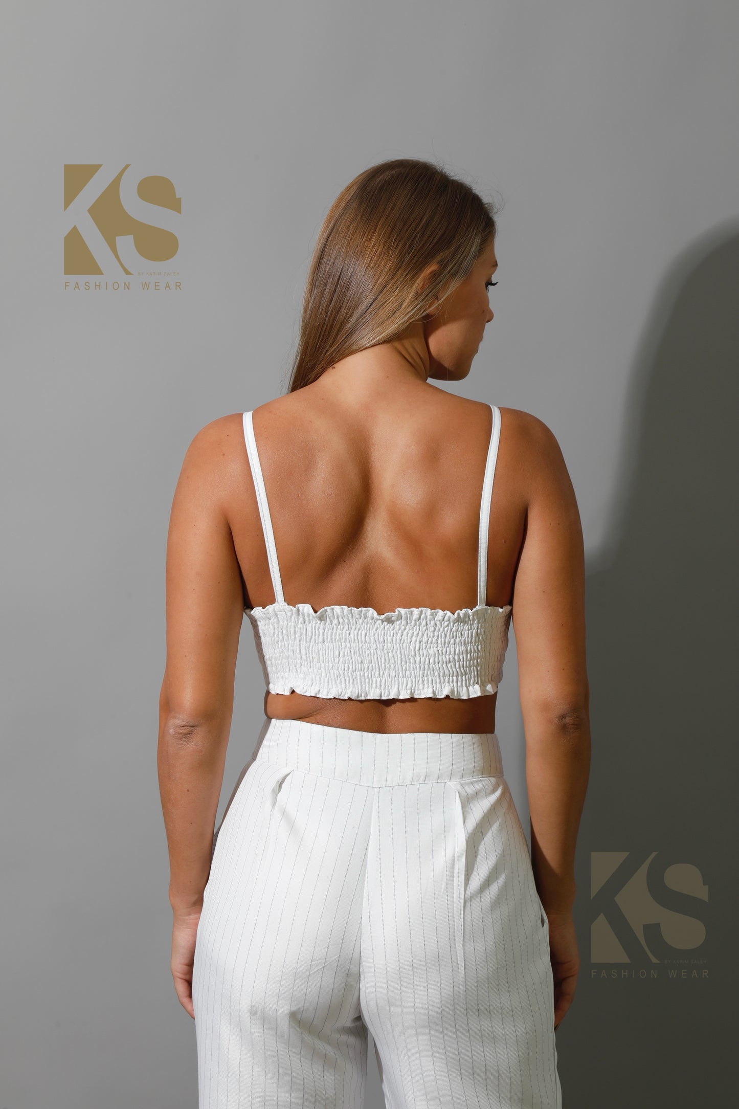 Striped Paper-bag Pants Co-Ord - White