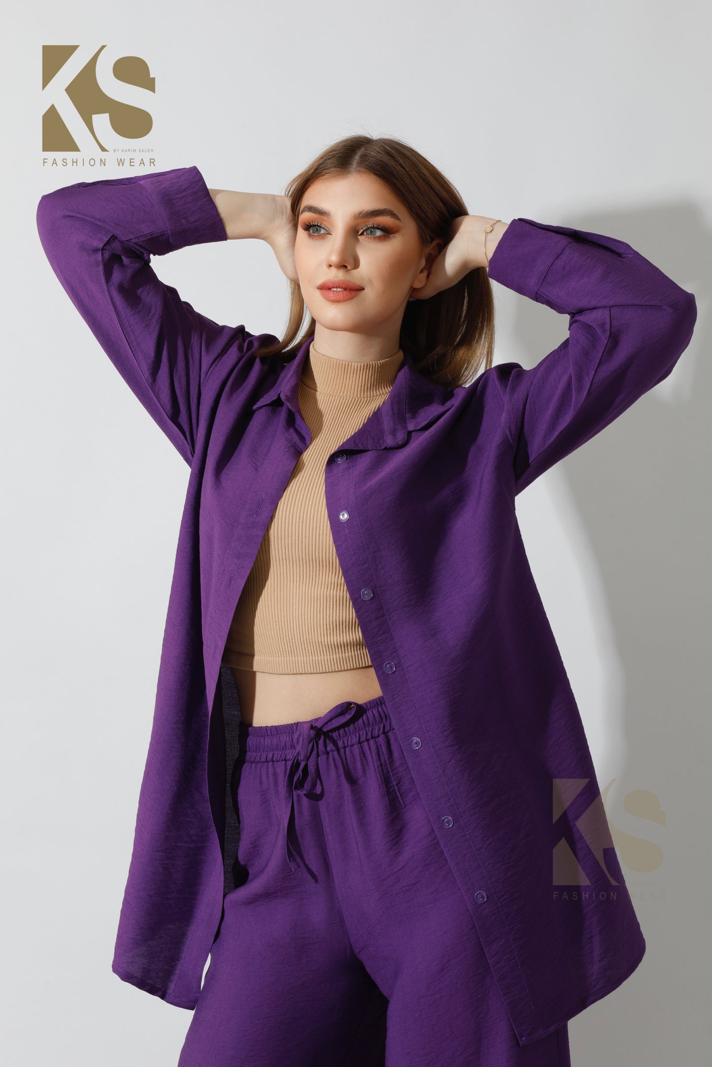 Long Shirt & Wide Leg Trousers Set - Purple