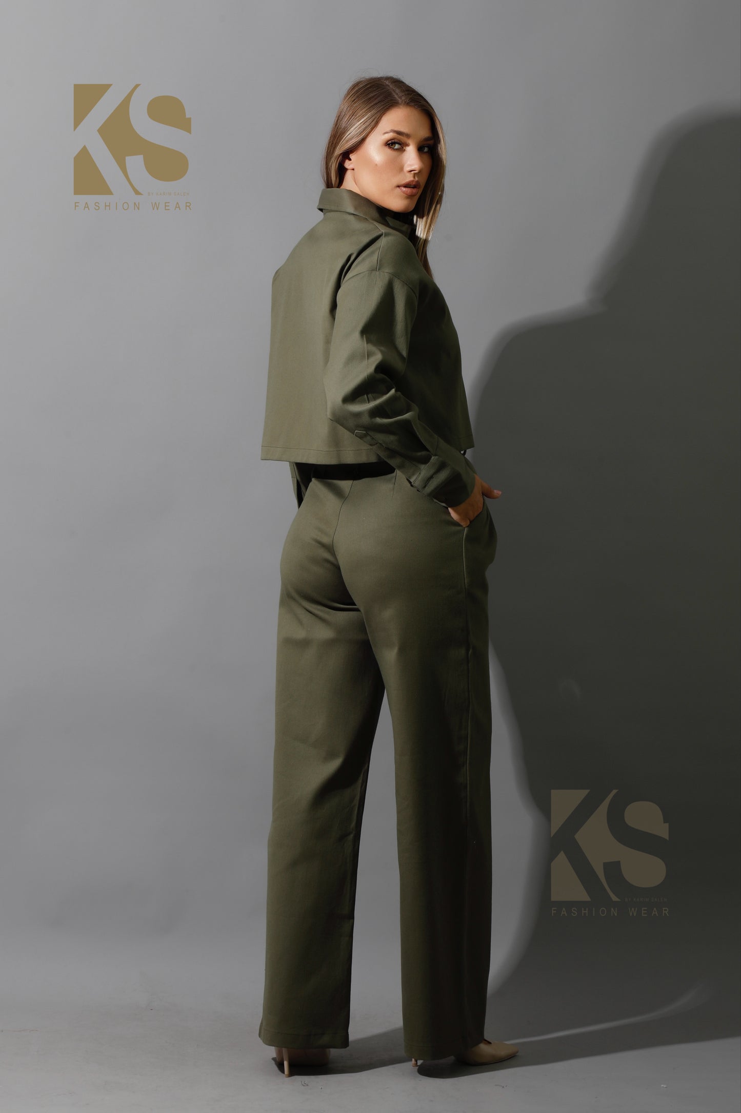 Co-ord Pleated Wide Leg Pants & Cropped Shirt - Olive