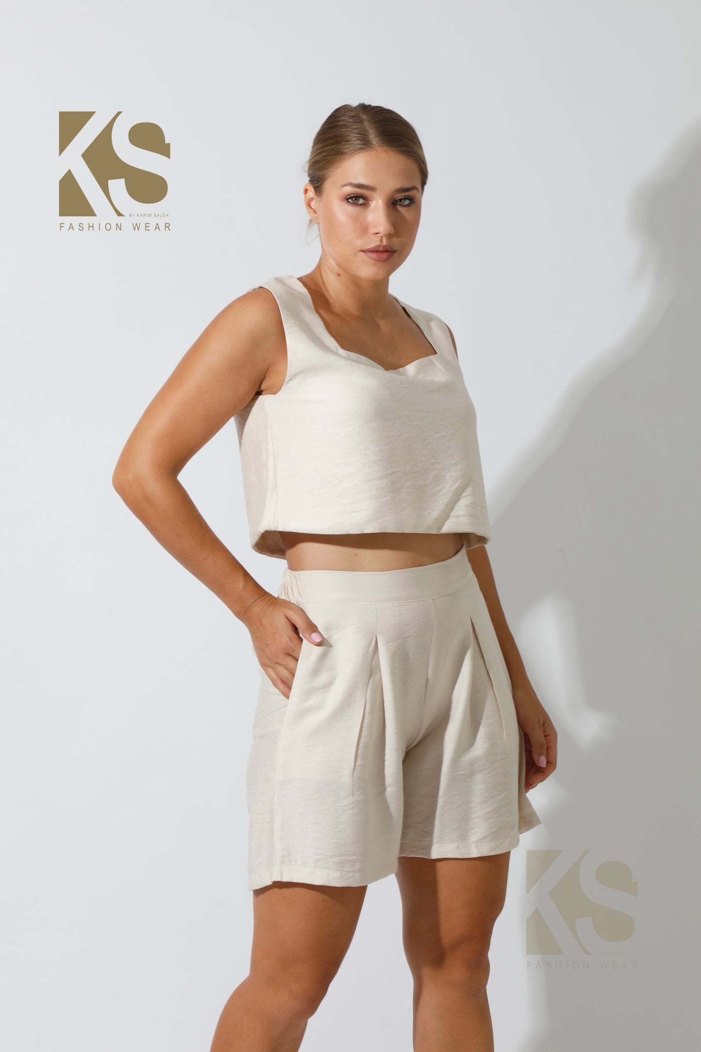 Tank Top & Flared Shorts Set - Beige
