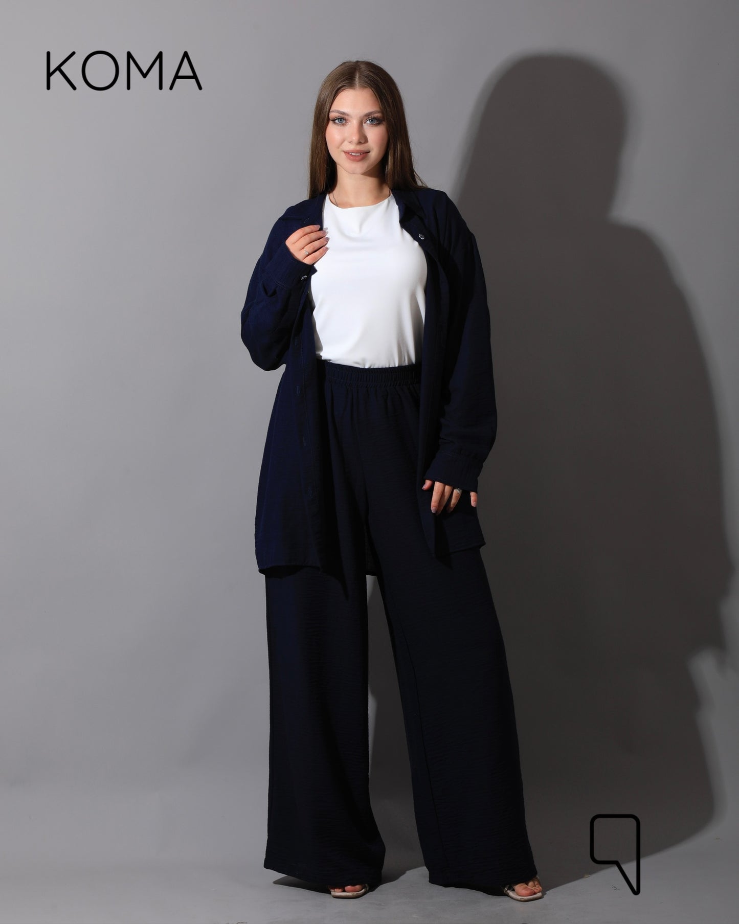 Co-Ord Lenin Long Sleeve Shirt & Wide Leg Trousers - Navy