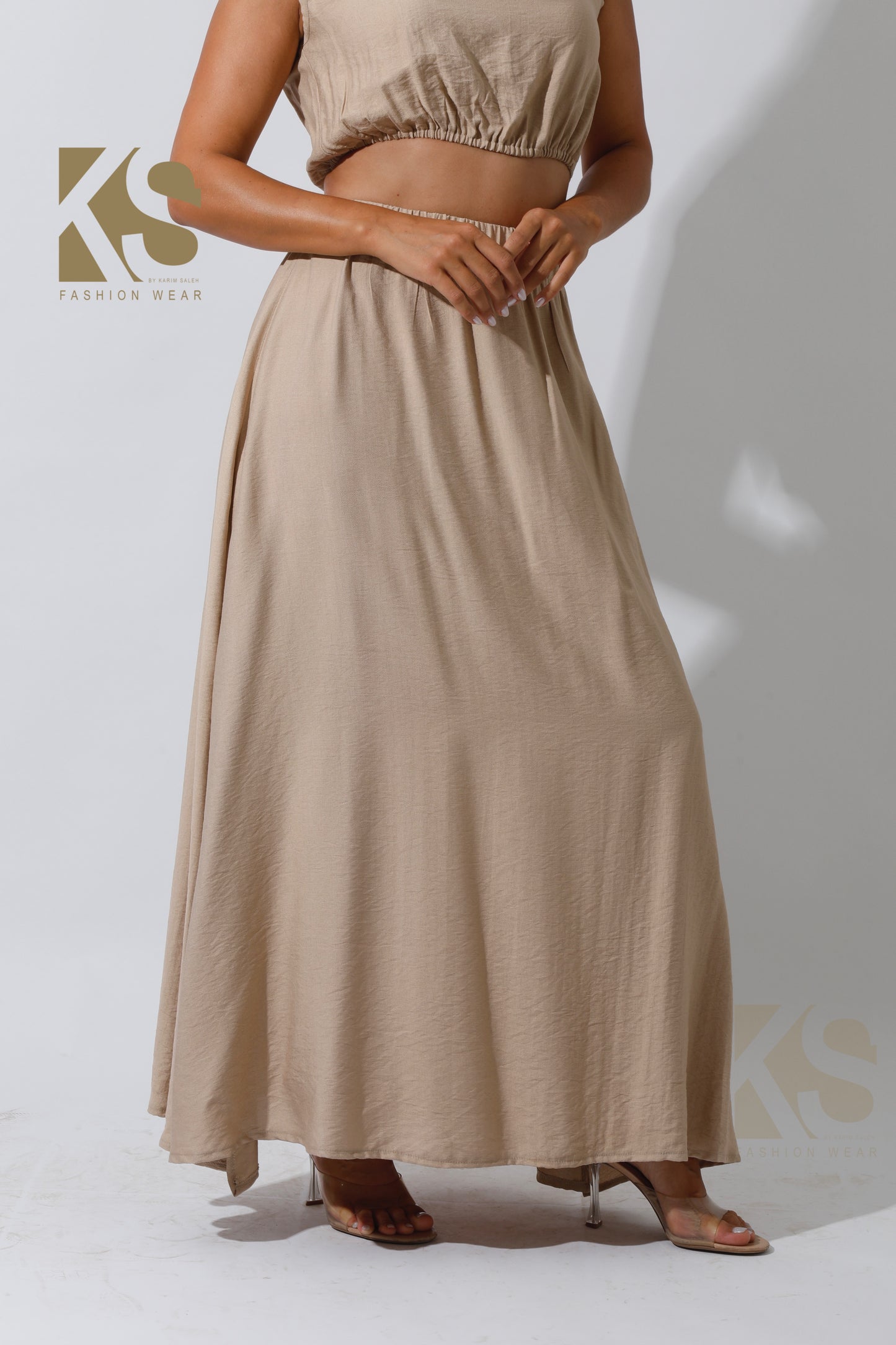 Maxi Side Slite Skirt Set - Beige