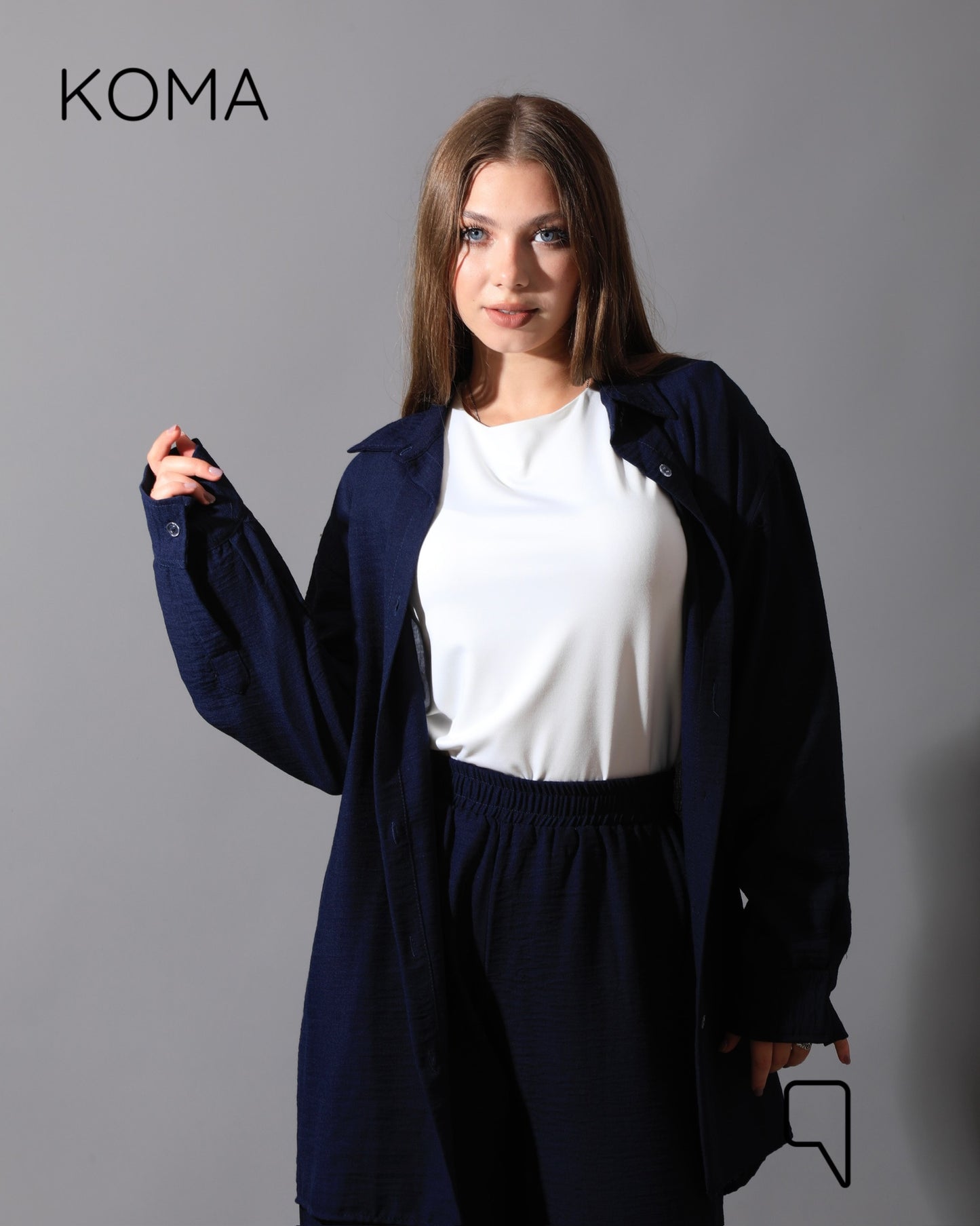 Co-Ord Lenin Long Sleeve Shirt & Wide Leg Trousers - Navy