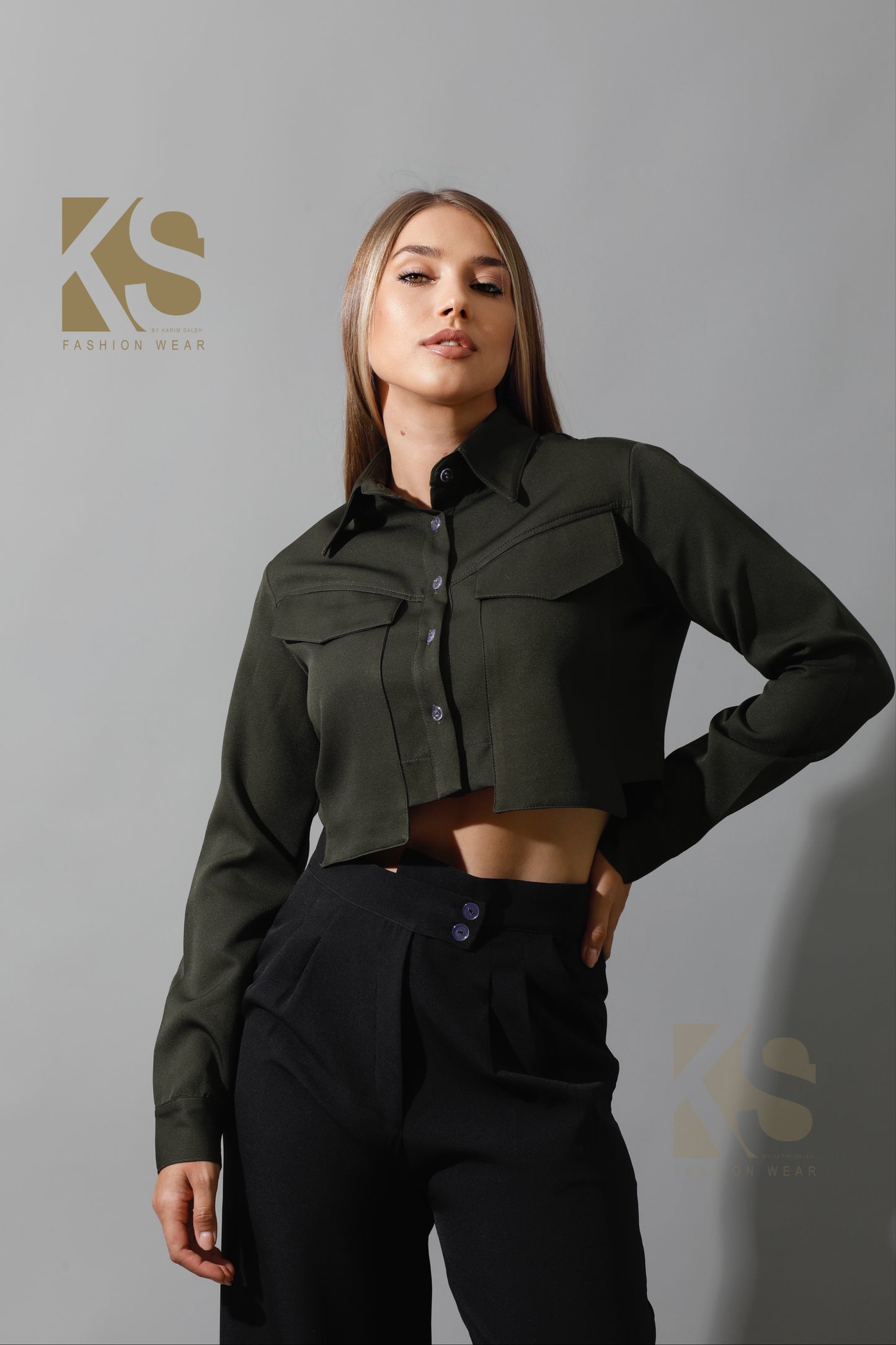 Pockets Cropped Shirt - Olive