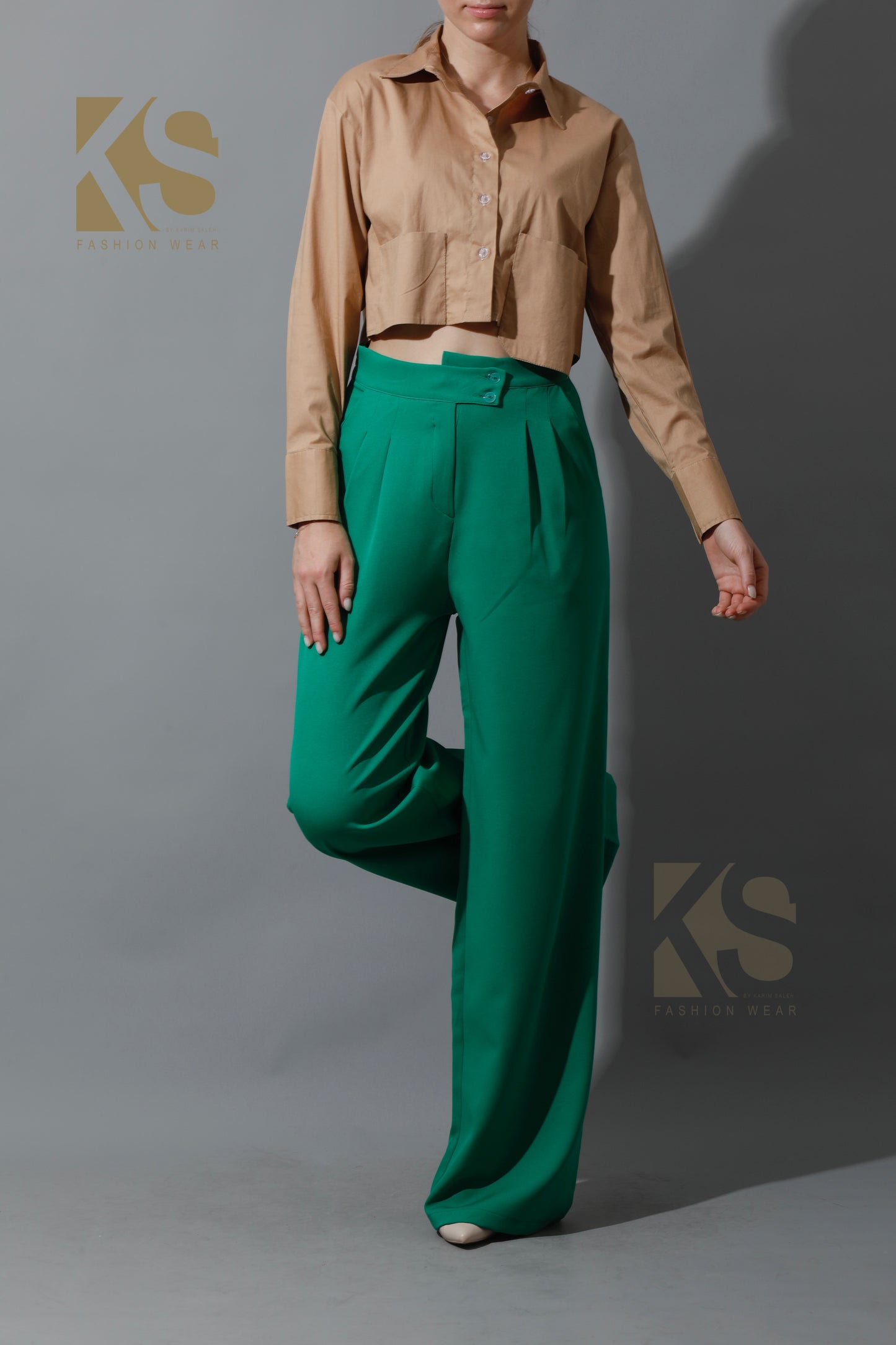 High Waist Wide Leg Trousers - Green
