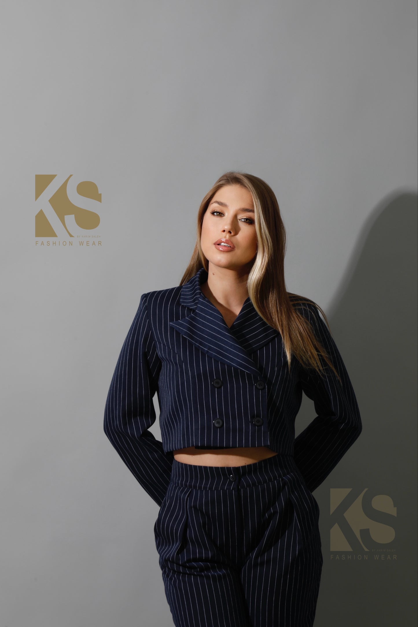 Striped Cropped Blazer, Bra Top & Paper-bag Pants Co-Ord - Navy