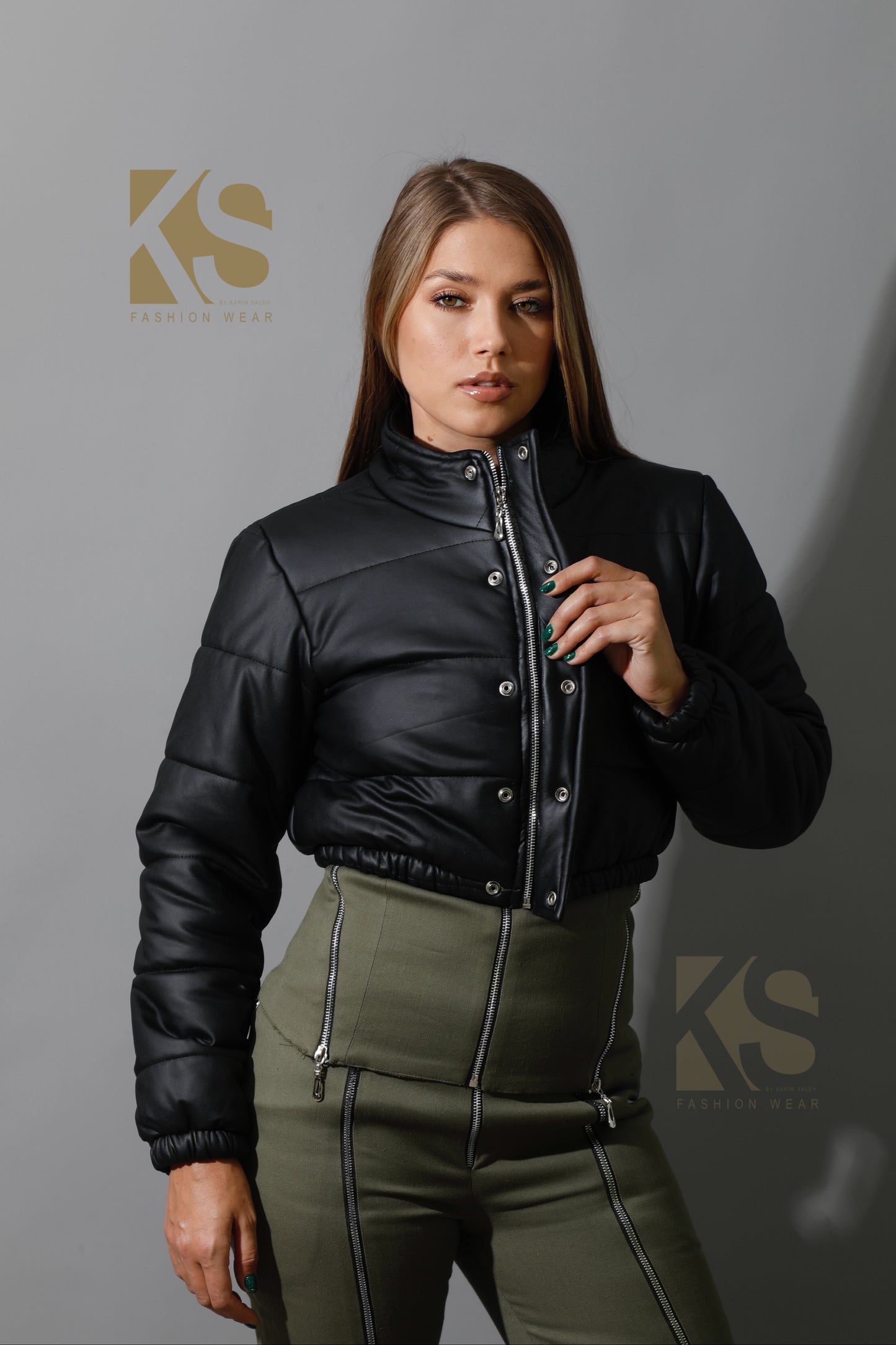 Leather Puffer Cropped Jacket - Black