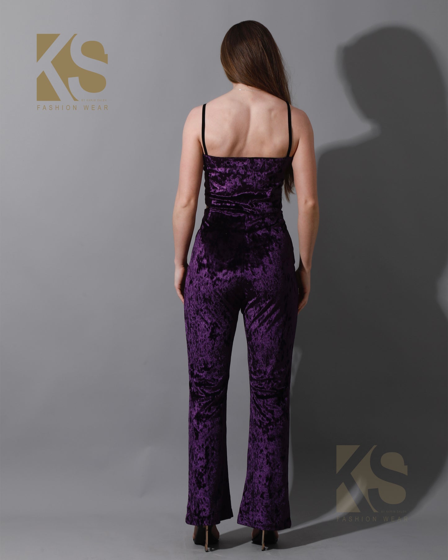 Velvet Crop Top & Bootcut Trousers Set - Purple