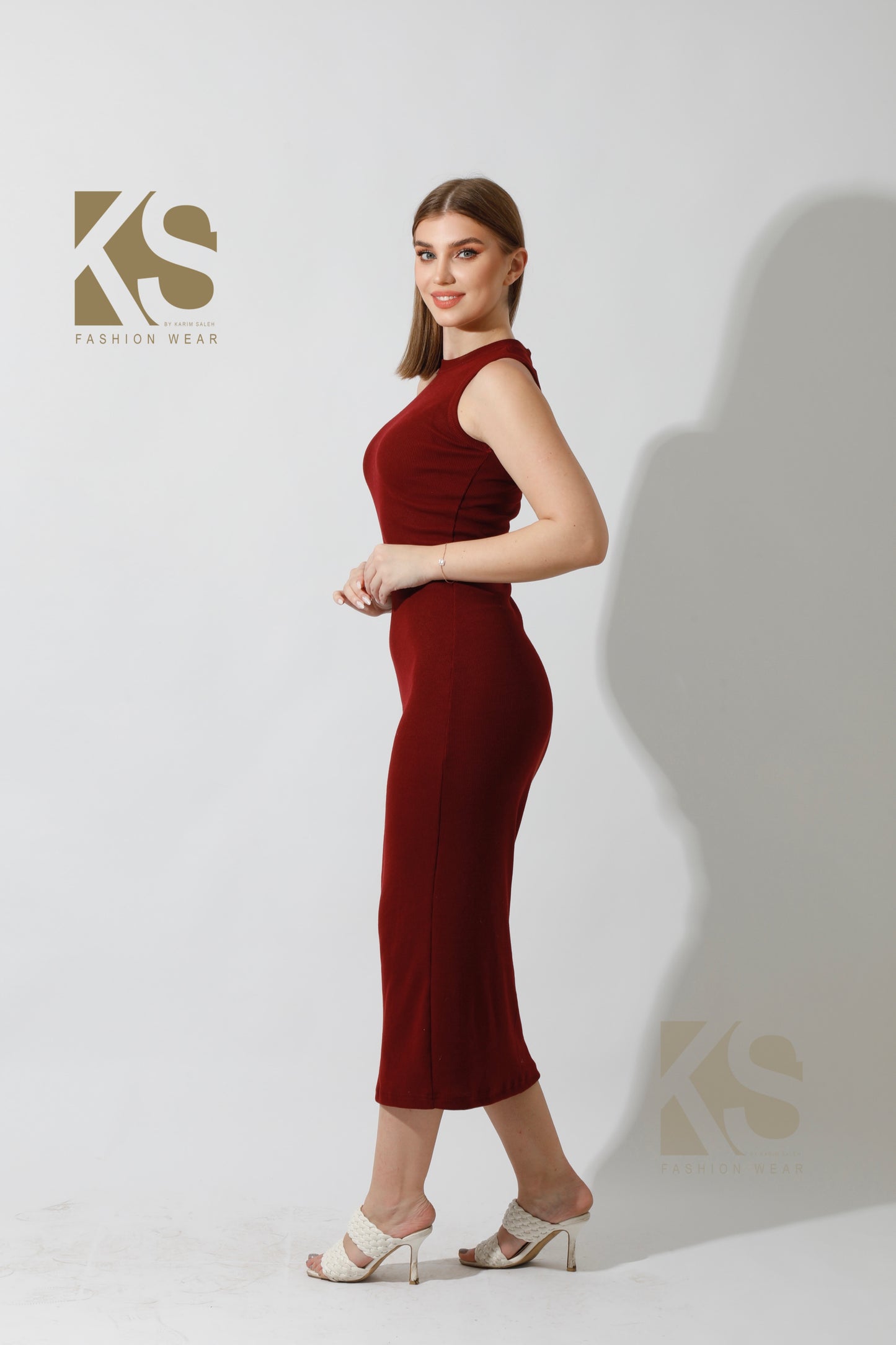 Slinky High Neck Midi Sleeveless Dress - Maroon