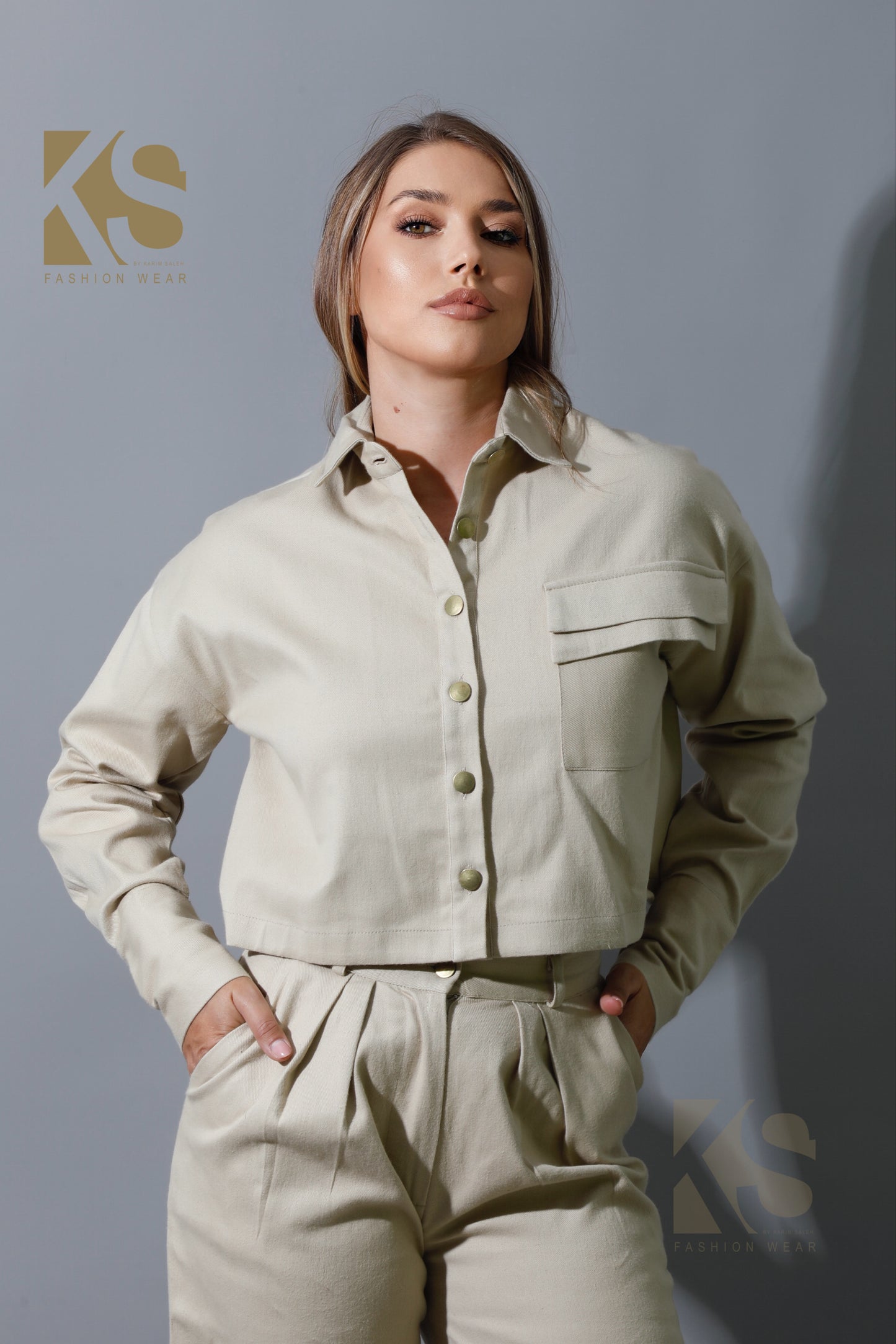 Co-ord Pleated Wide Leg Pants & Cropped Shirt - Beige
