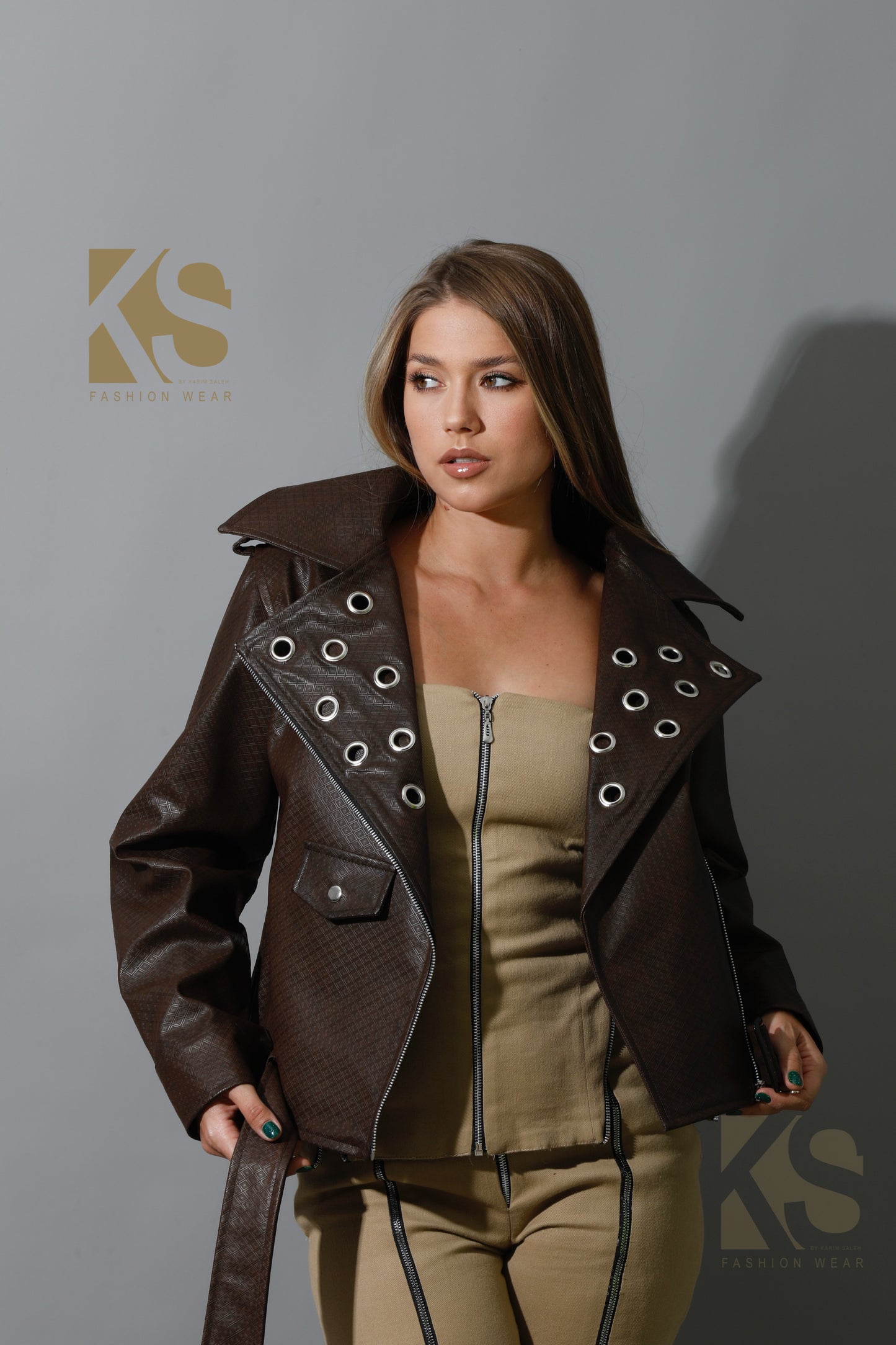 Textured Leather Biker Jacket - Brown