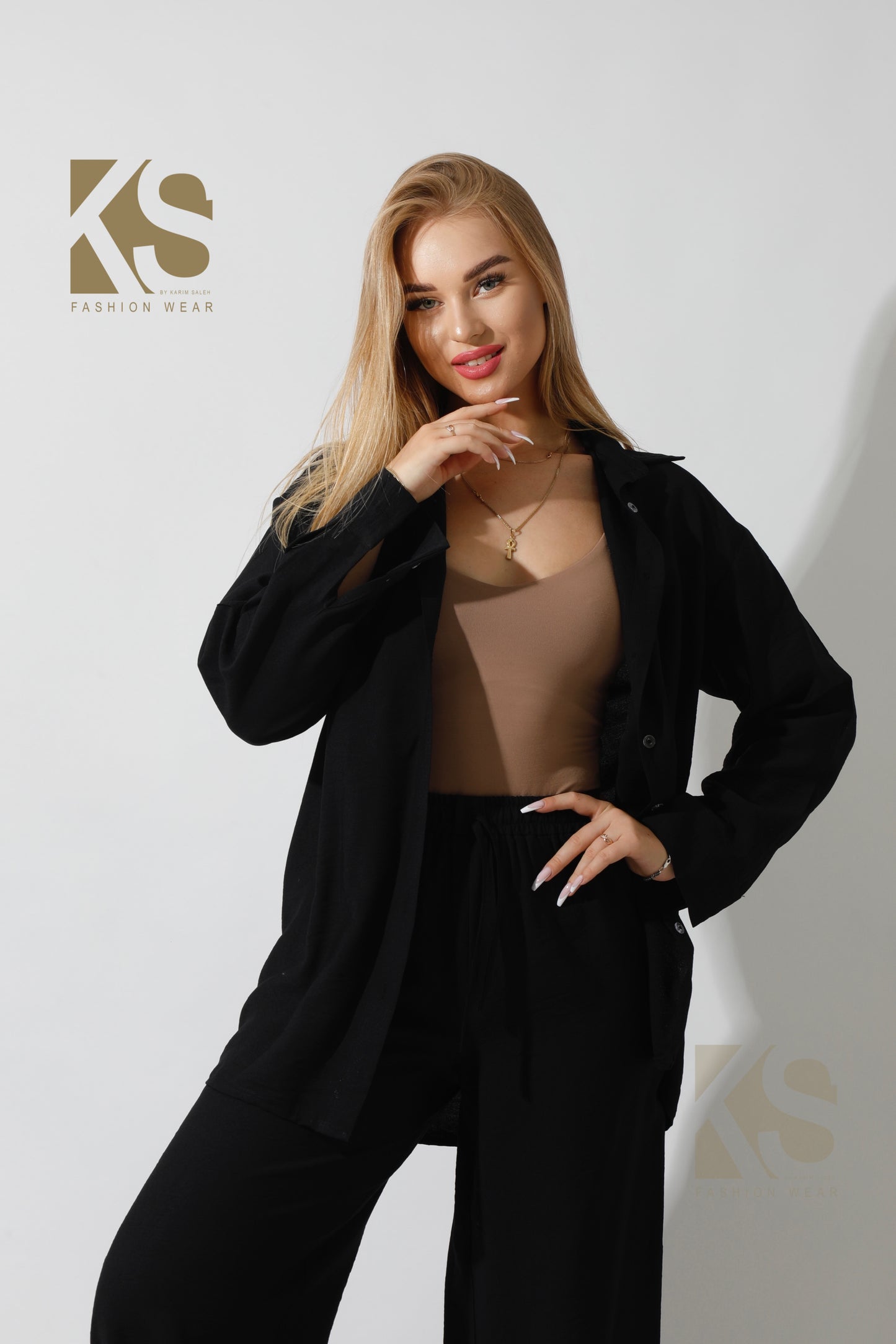 Long Shirt & Wide Leg Trousers Set - Black