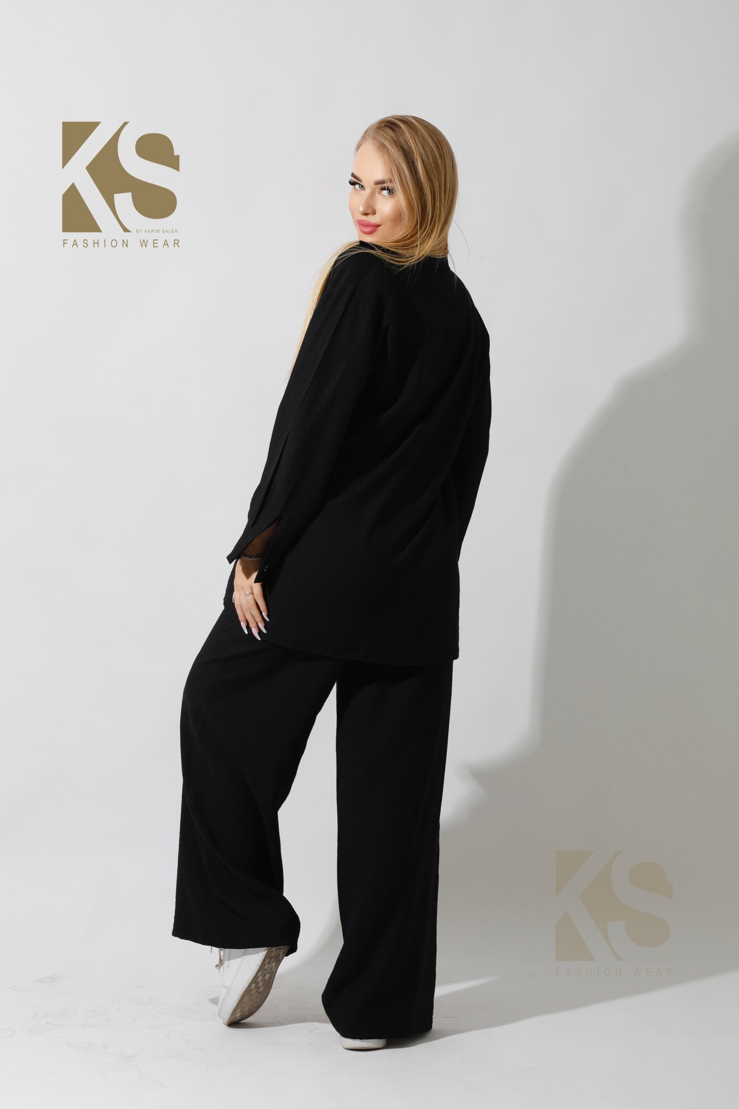 Long Shirt & Wide Leg Trousers Set - Black