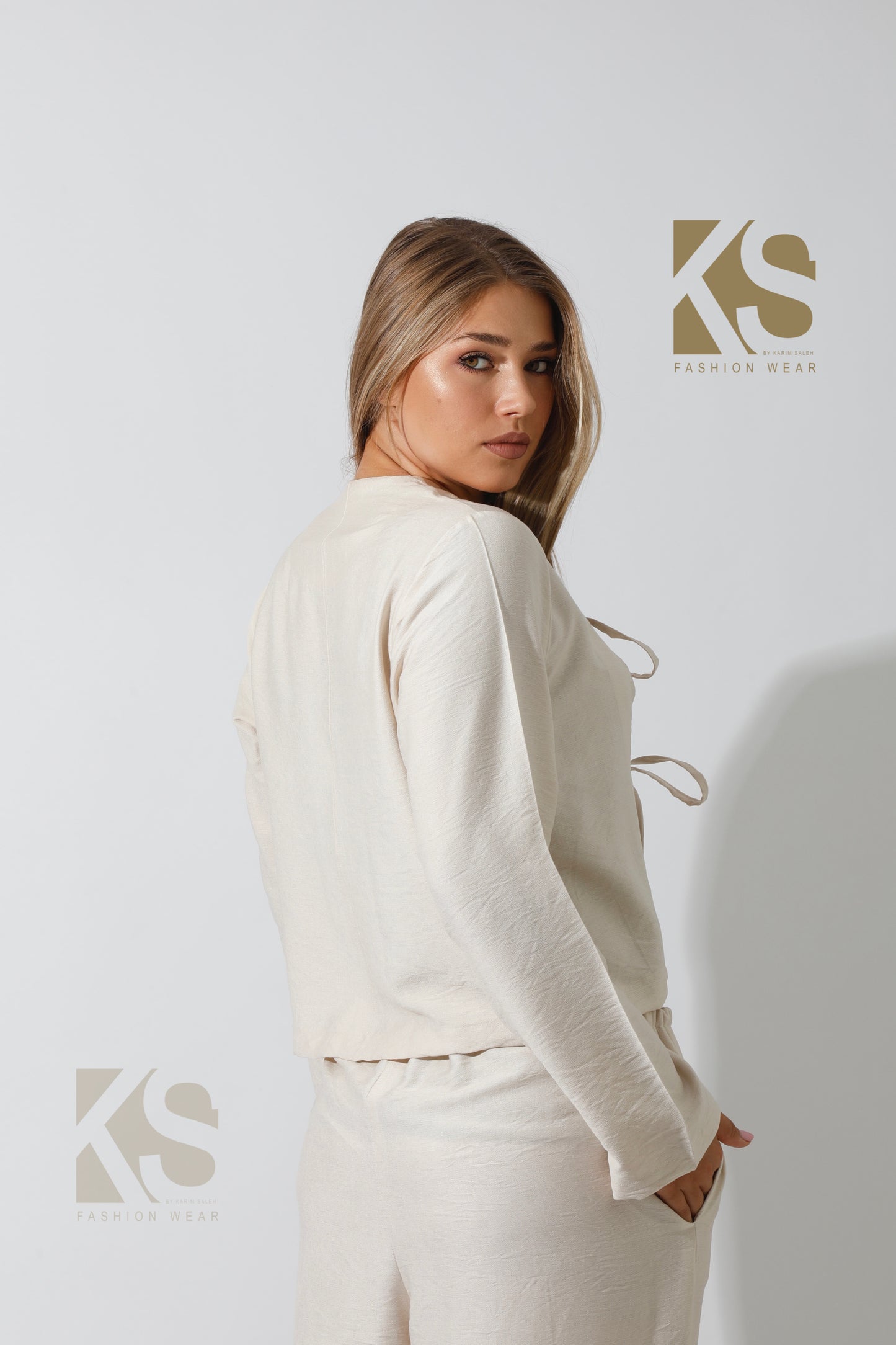 Short Cardigan & Lose Tied Pants Set - Beige