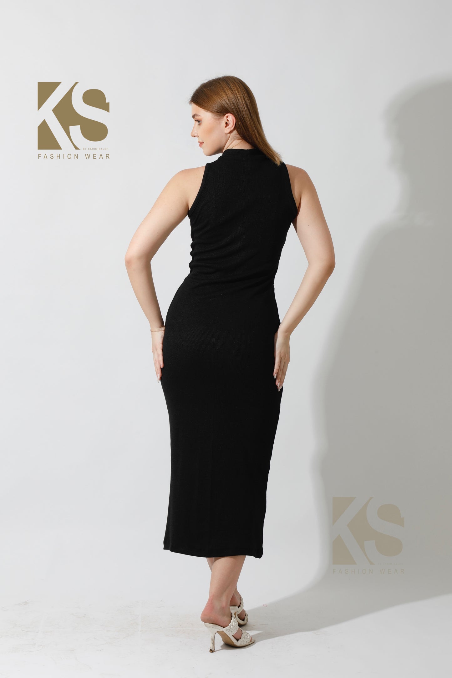 Slinky High Neck Midi Sleeveless Dress - Black