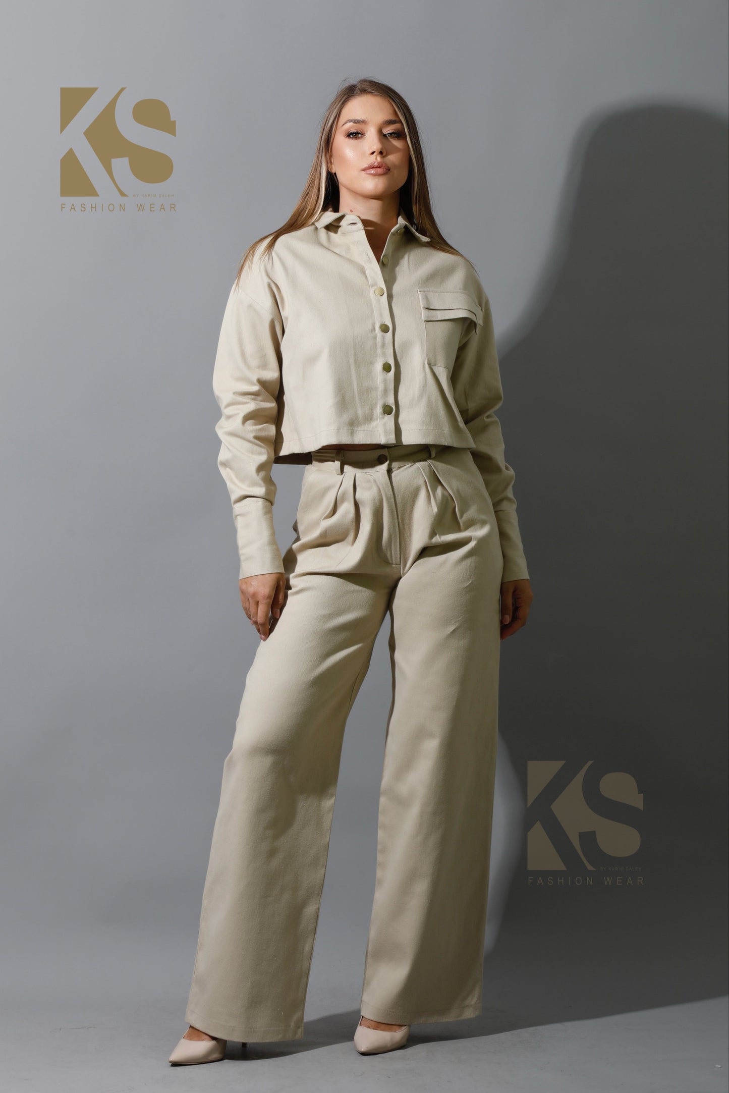 Co-ord Pleated Wide Leg Pants - Beige