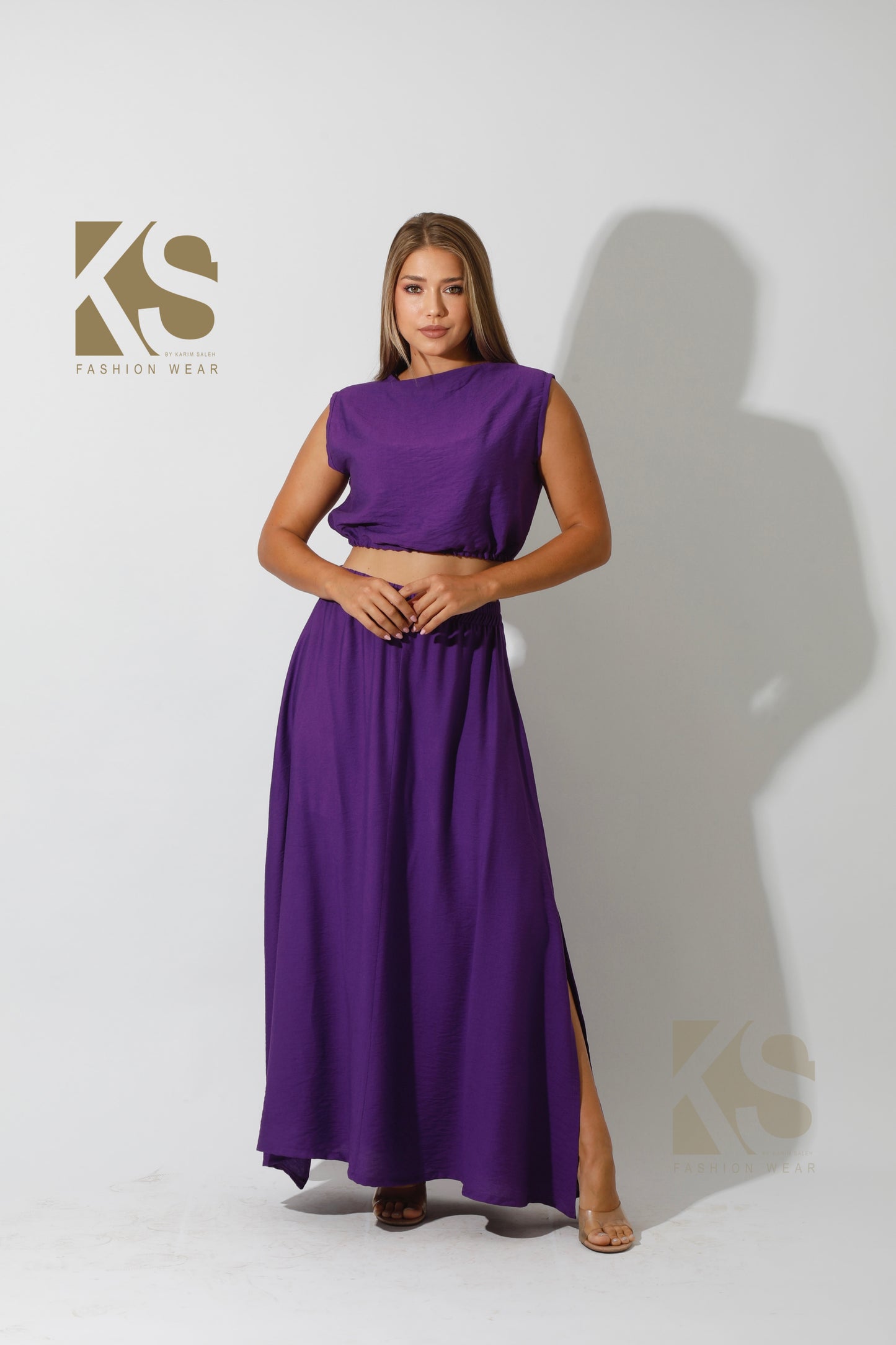 Crop Top & Maxi Side Slite Skirt Set - Purple