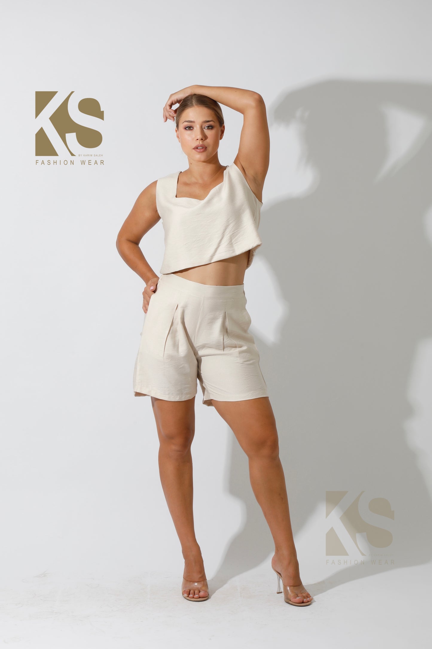 Tank Top & Flared Shorts Set - Beige